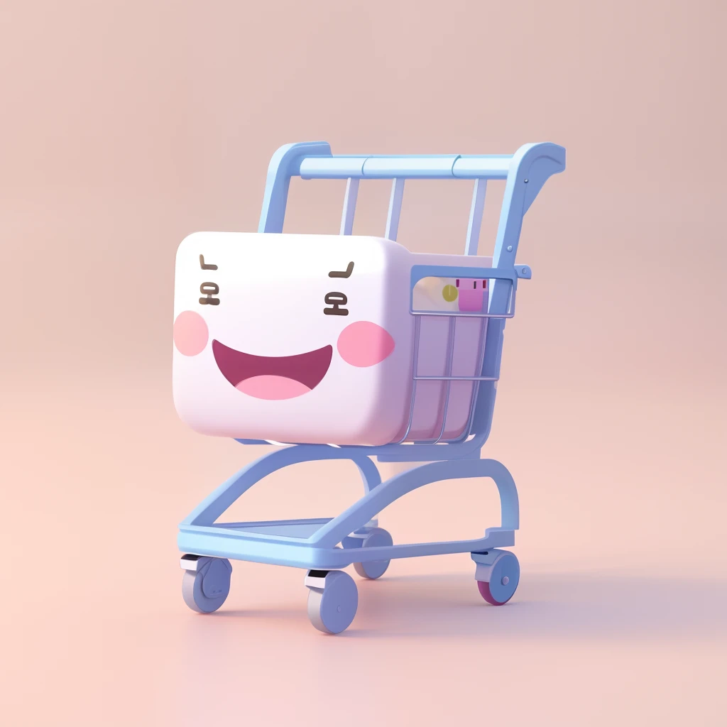 There is a small toy shopping cart with a smiley face, bonito 3 d render, fofo! c4d, carrinho de supermercado, wagon, digital art emoji collection, 3 d illustration, 3 d illustration, toon render keyshot, 3d model of a Japanese mascot, design do brinquedo, shopping cart icon, pictoplasma bonito, painting digital adorable, arte digital bonito