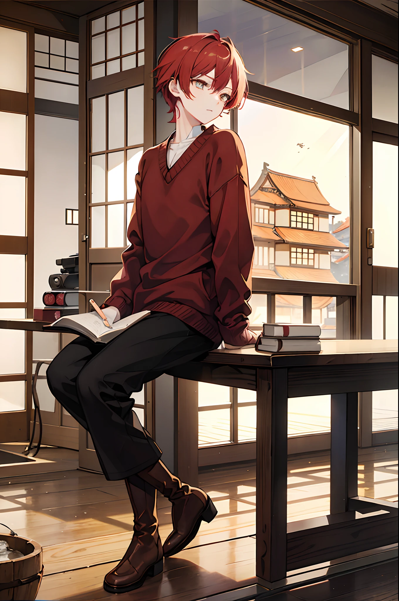 male people Red shorthair yellow eyes Sweaters Brown Slacks long boots Japanese houses Sitting in the room、Reading a book masterpiece Top image quality Clear Parts Cinematic Shadows Increased attractiveness of the eyes Clear the shine of the eyes Draw eyelashes neatly Perfect Eye A detailed eye Sharpen image quality Sharpen eye writing Clear eye shape