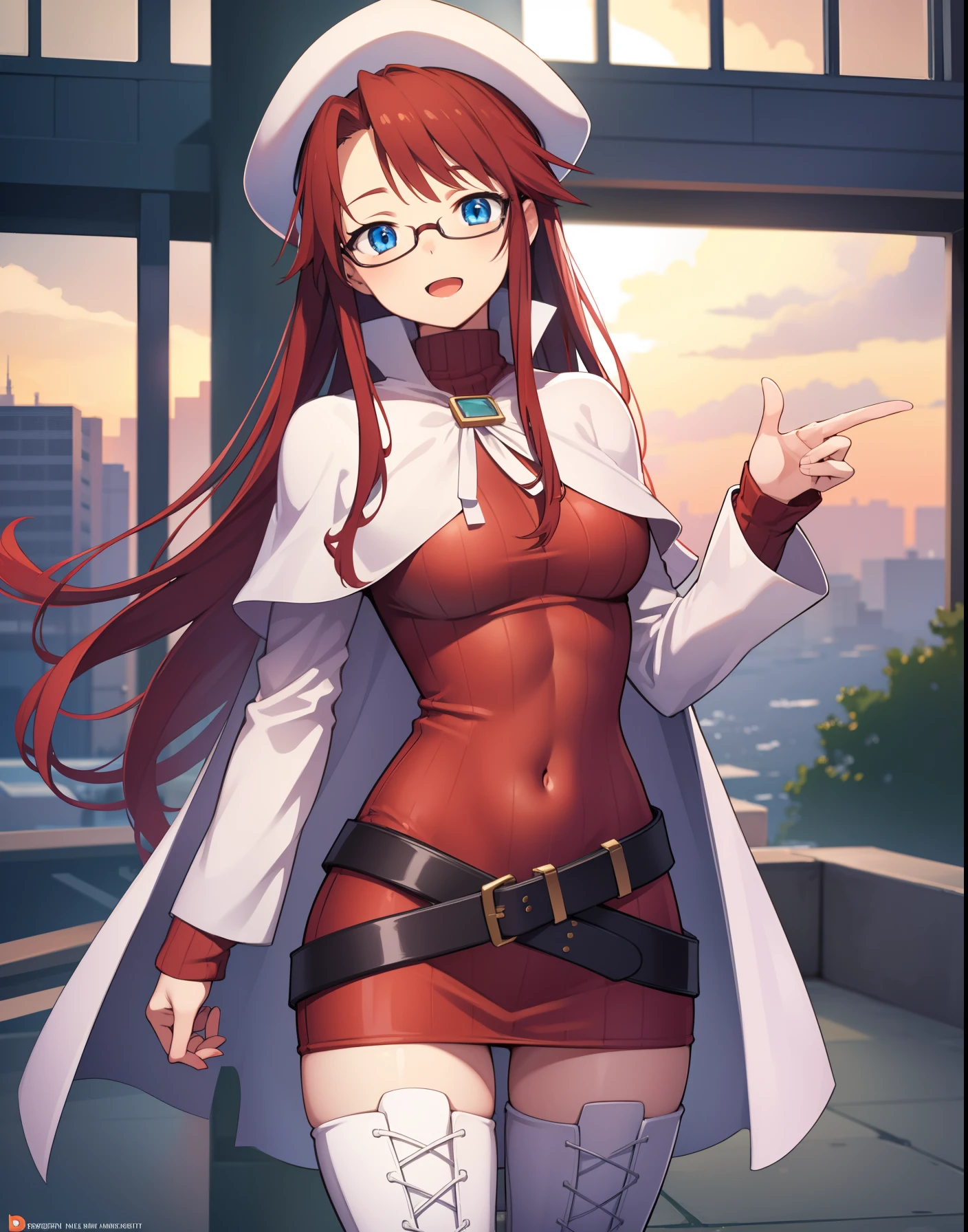 summonnightaty, aty, long hair, blue eyes, red hair, beret, hat, glasses,
BREAK long hair, thighhighs, hat, dress, boots, glasses, belt, cape, sweater, zettai ryouiki, beret, thigh boots, white footwear, ribbed sweater, loose belt,,
BREAK looking at viewer,
BREAK outdoors, city,
BREAK (masterpiece:1.2), best quality, high resolution, unity 8k wallpaper, (illustration:0.8), (beautiful detailed eyes:1.6), extremely detailed face, perfect lighting, extremely detailed CG, (perfect hands, perfect anatomy),covered_nipples,covered_navel,light_smile,