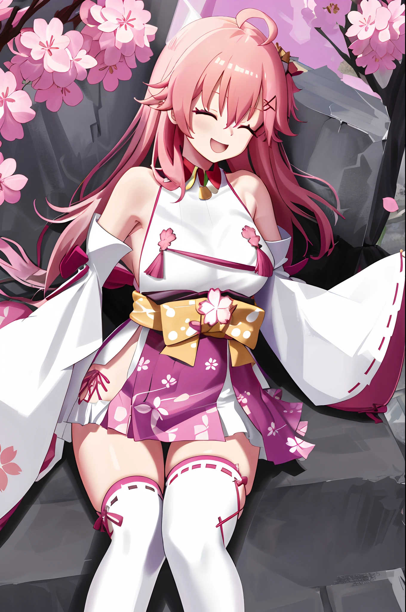 masterpiece, best quality, highres, miko1, sakura_miko, 1girl, big_boobs, solo, ahoge, x_hair_ornament, pink_hair, floral print, hairclip,(side_less_clothes:1.5), (side_boobs:1.5), hair_bell, floral print, long_hair, hair between eyes, one side up, white thighhighs, asymmetrical legwear, wide sleeves, open_mouth,(happy:1.3),close_eyes,big_smile,(raise_leg:1.3),plump,apart_legs,(overly_long_sleeves:1.3),),sleeves_past_wrists,hands_hidden_sleeves,sidelock_clothes,dynamic_posing,solo,hidden_wrists,(XD:1.5),covered_nipples,plump,sunlight,(bare_flank:1.3)