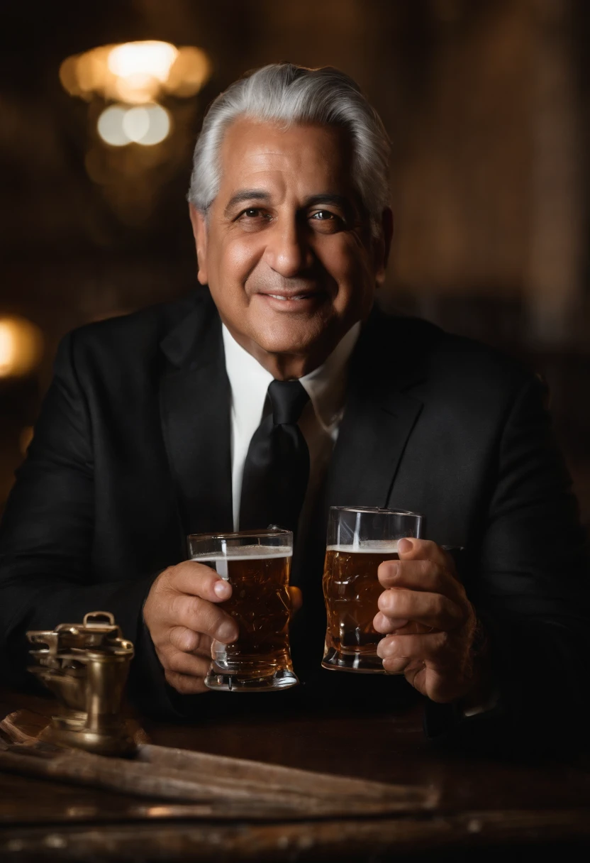 crea una imagen muy realista del pastor benny hinn bebiendo cerveza