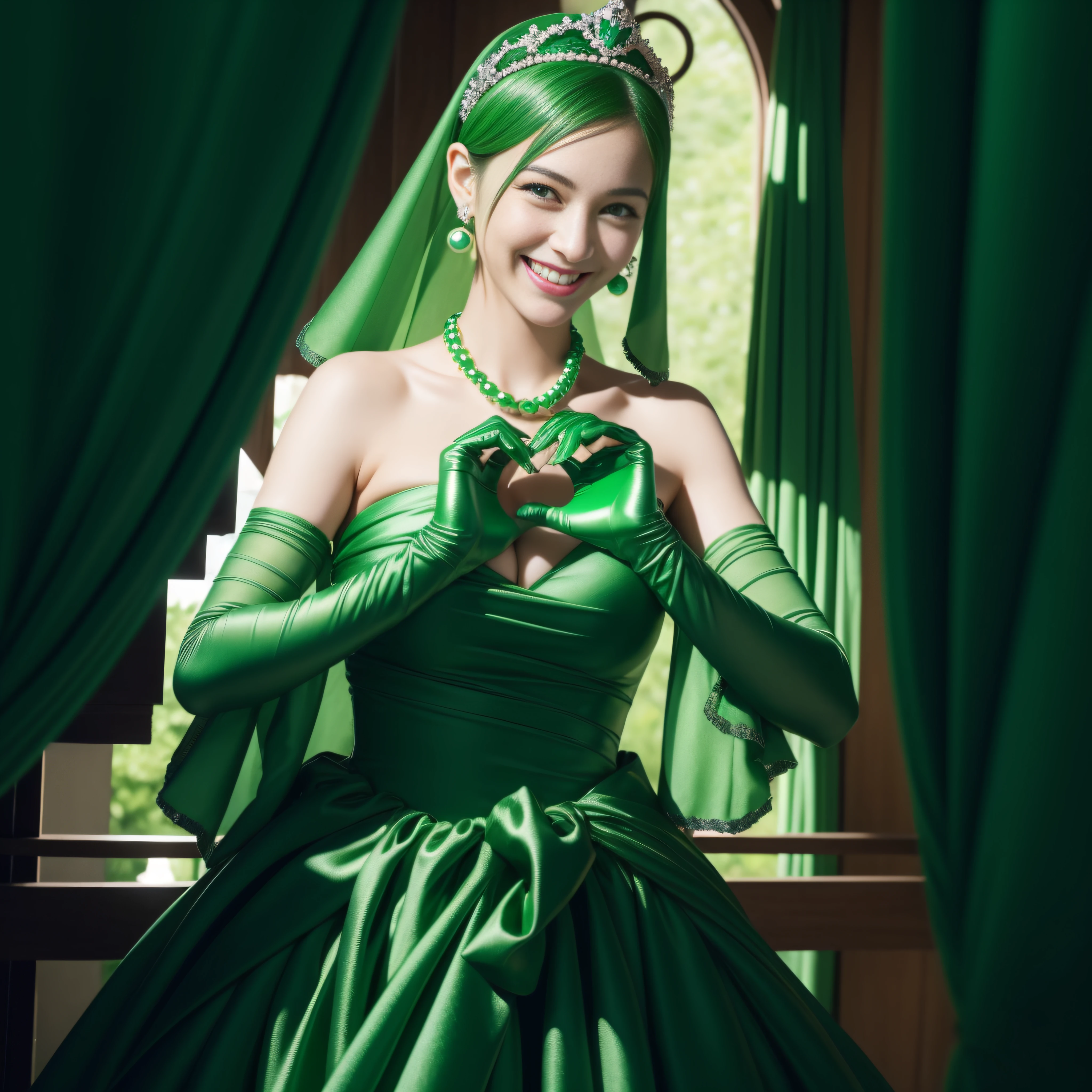 emerald tiara, Green Pearl Necklace, Boyish very short green hair, lipsticks, Japan woman smiling, very short short hair,  big breasts beautiful, Green eyes, Long green gloves made of satin material, Green eyes, Emerald Earrings, green vale, Heart with both hands