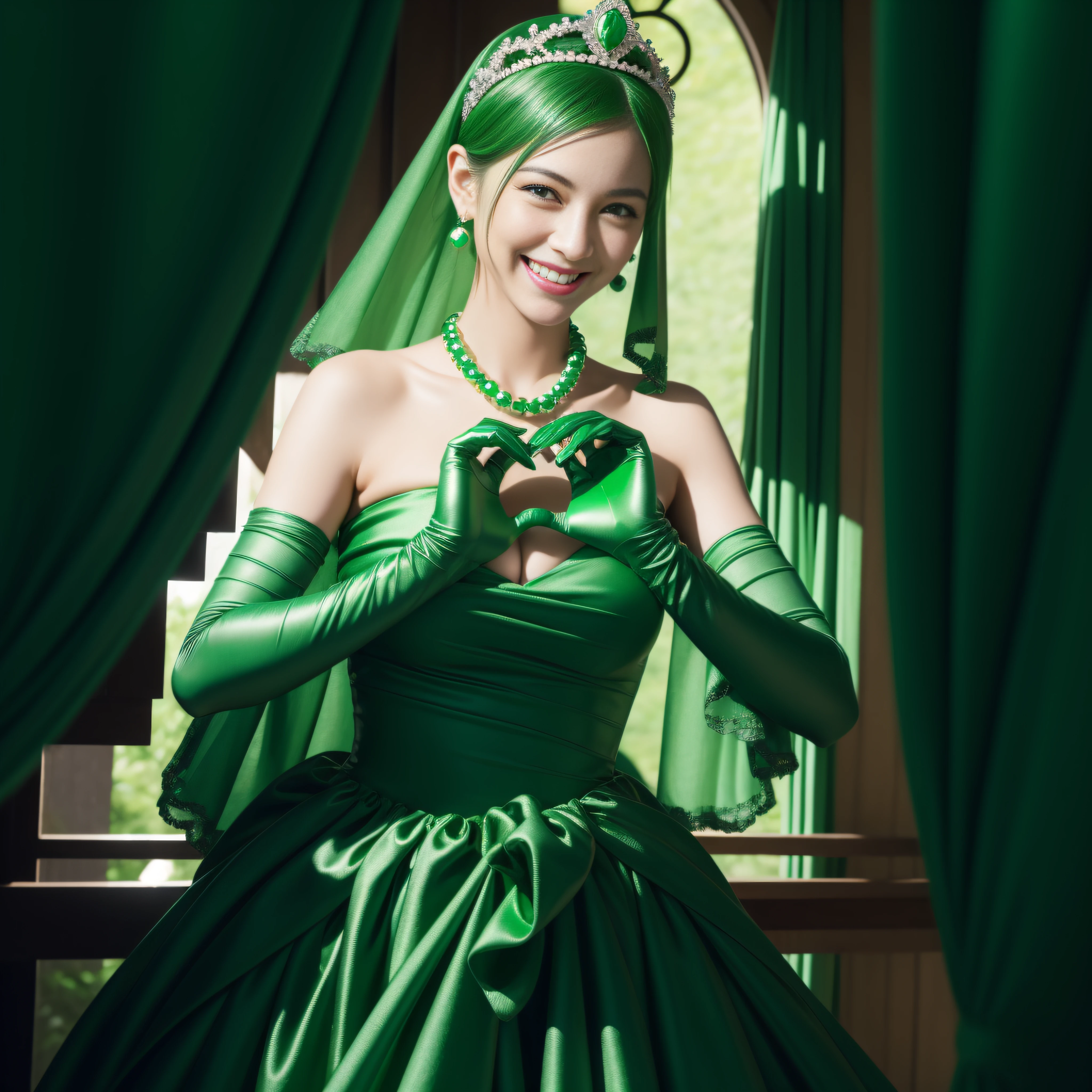 emerald tiara, Green Pearl Necklace, Boyish very short green hair, lipsticks, Japan woman smiling, very short short hair, big breasts beautiful, Green eyes, Long green gloves made of satin material, Green eyes, Emerald Earrings, green vale, Heart with both hands