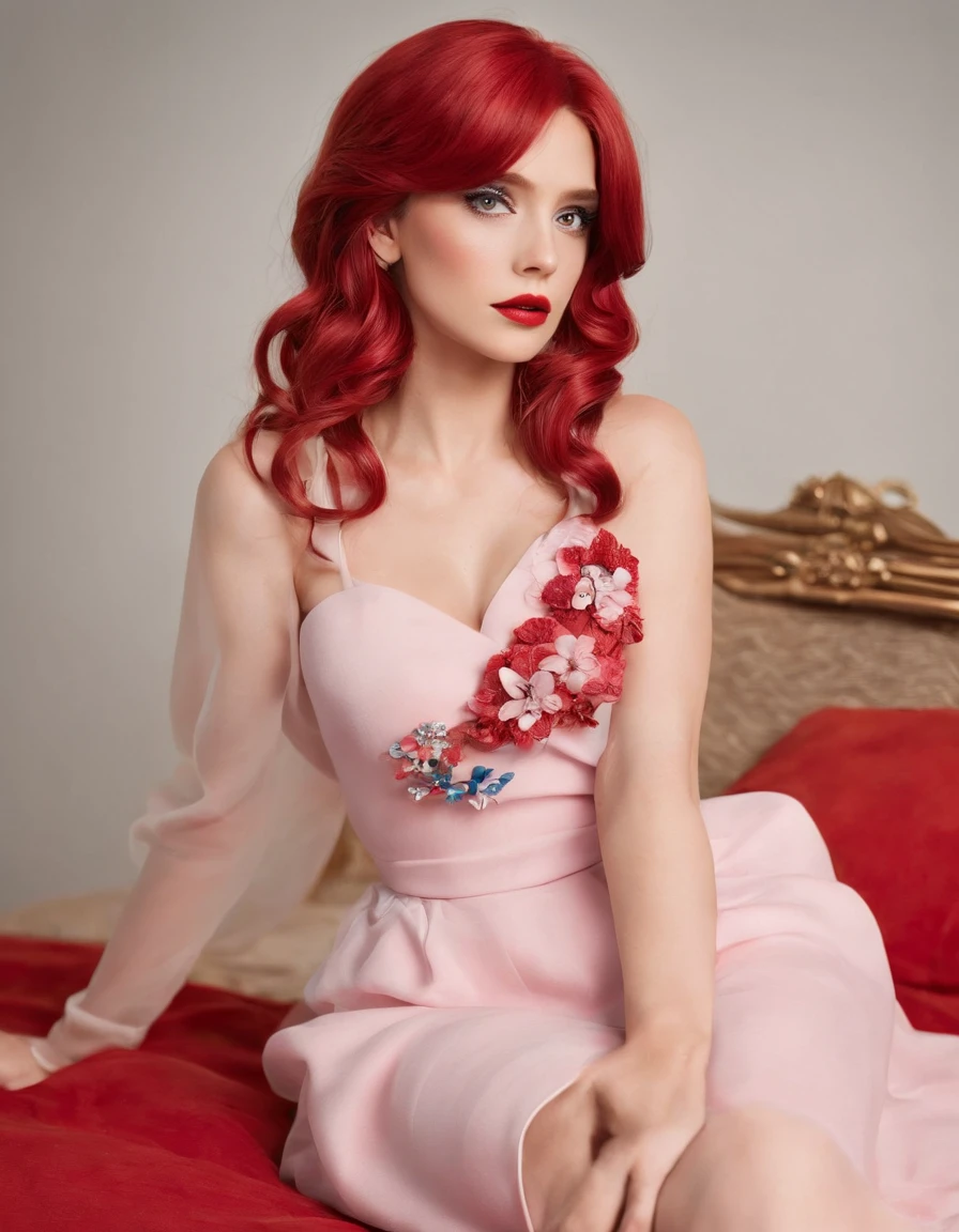 Uma mulher estilo disney pixar , cabelos.
louros e lisos compridos , olhos azuis , vestido vermelho , rosa vermelha no cabelo , sentada de lado na cama e olhando para a janela