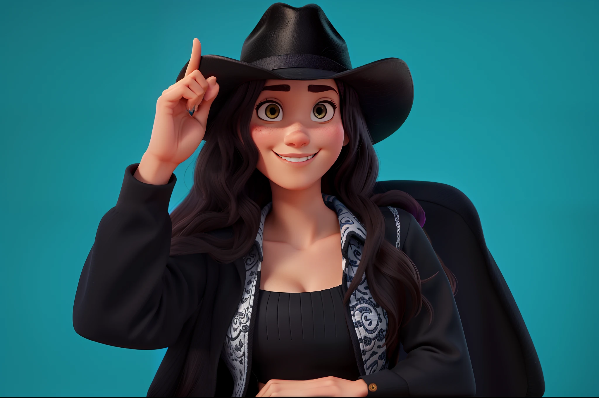 Uma mulher estilo Disney Pixar, with black clothes and a cowboy hat, alta qualidade, melhor qualidade