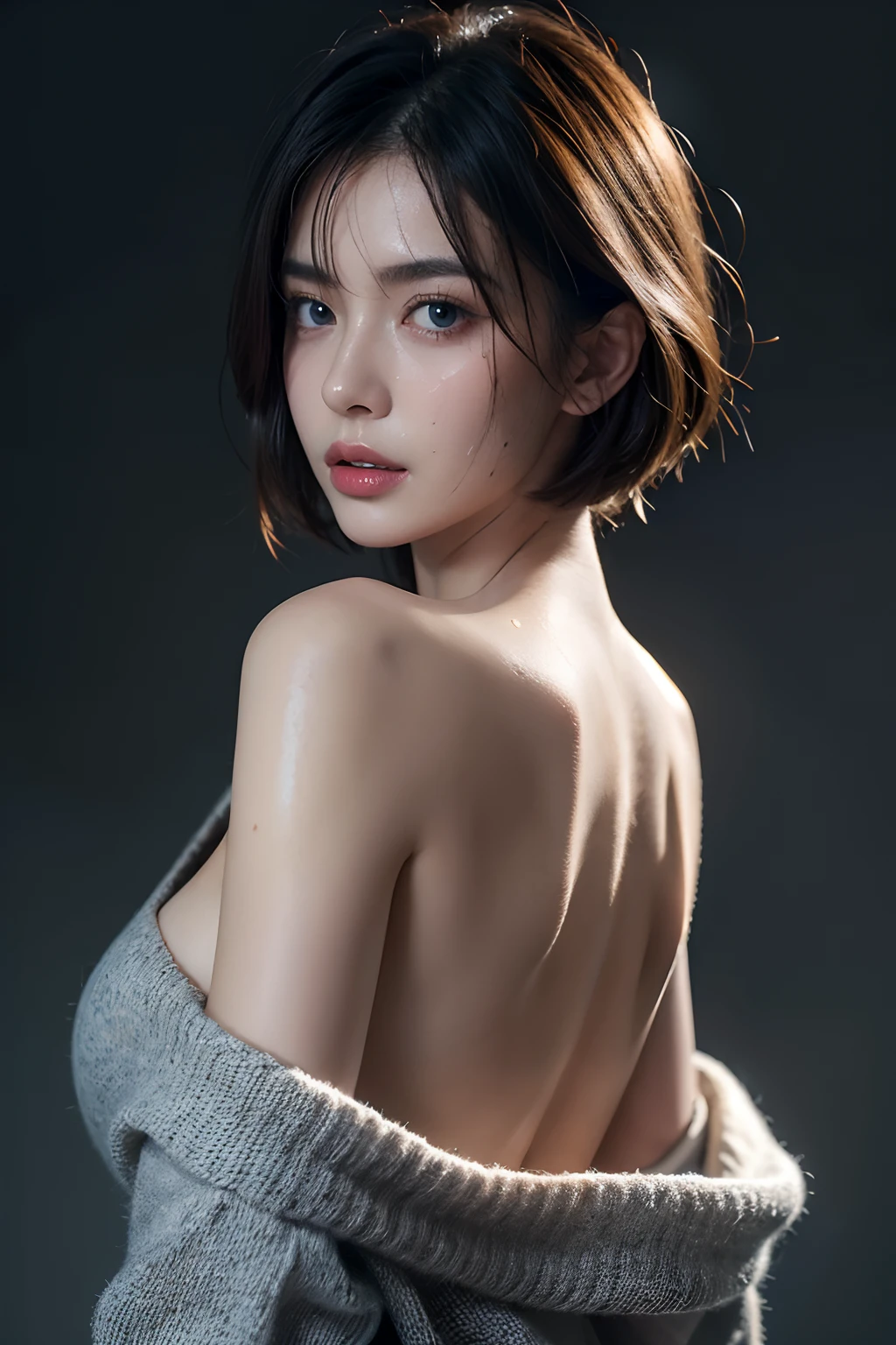 Best quality, masterpiece, ultra high res, (photorealistic:1.5), raw photo, 1girl, offshoulder, in the dark, deep shadow, low key, cold light, sexy look, short hair