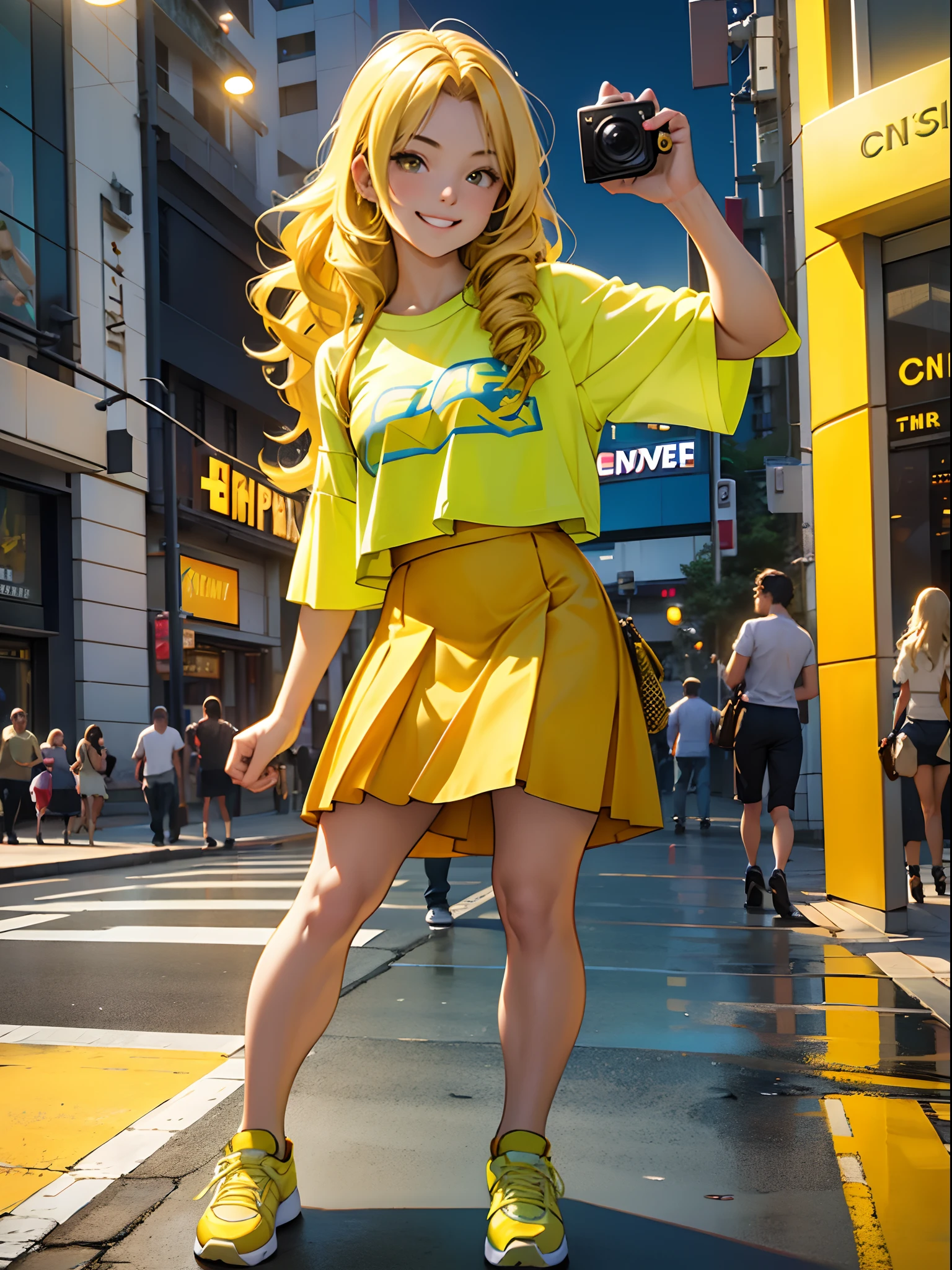 Girl with yellow long wavy hair, green t-shirt, yellow skirt, yellow skirt, yellow skechers, holding a camera, outside cinema theater with Classic movies pósters, smiling, happy expression, cool pose, taking a photo