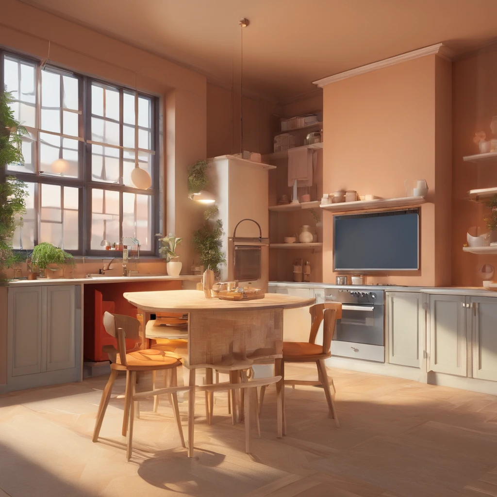 High-detail RAW color photography, Modern loft-style dining room, (higly detailed, hyper-detailing, Entanglement), (lens glare: 0,7), (bloom: 0,7), particle fx, ray traced, 电影灯光, Shallow depth of field, photographed with Sony a9 II, 50mm wide angle lens, sharp-focus