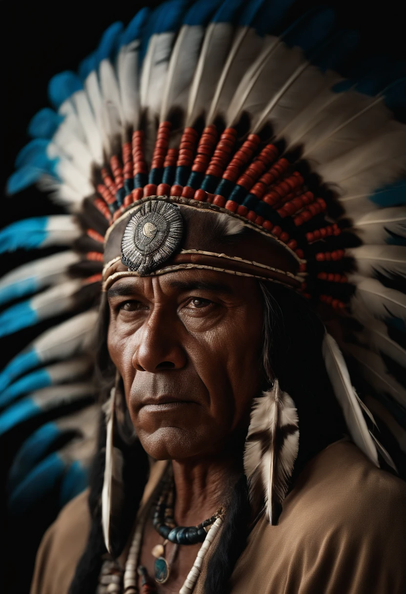 Hyperrealistic cinematic image of a native Indian with feathers on his head, Arte nativa americana, Indian warrior, Nativo americano, Guerreiro nativo americano, Arte nativa, Um guerreiro nativo americano, indigenous man, eagle feather, Guerreiro habilidoso do Apache, warrior spirit, american indian headdress, indigenous art, : native american shamen fantasy, Indigenous, native american folk art, Fotografia de arte indianarrealista, fotografia, obra-prima, realista, Realismo, renderizado, Alto contraste, digital art photographyrealistic trend in Artstation 8k HD high definition detailed realistic, detalhado, textura da pele, hiper detalhado, textura de pele realista, armadura, melhor qualidade, ultra high-resolution, (fotografiarrealista: 1.4), alta resolução, detalhado, Calado bruto, sharp re, por lee jeffries Nikon D850 Filme Fotografia de Stock 4 Kodak Portra 400 Lente F1.6 Rich Colors Realistic Texture Dramatic Texture Dramatic Lighting Irrealengine Trend on Artstation Cinestill 800