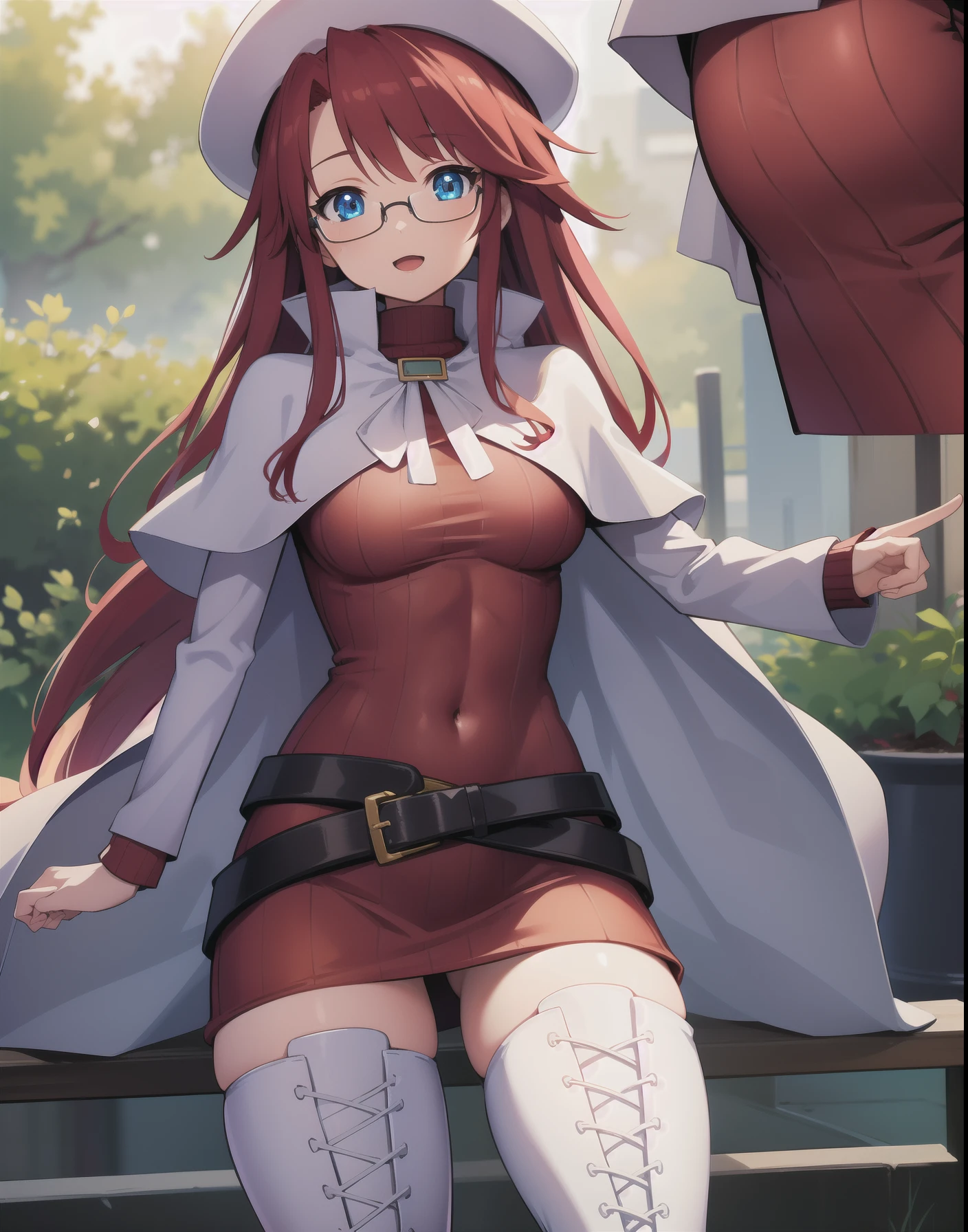 summonnightaty, aty, long hair, blue eyes, red hair, beret, hat, glasses,
BREAK long hair, thighhighs, hat, dress, boots, glasses, belt, cape, sweater, zettai ryouiki, beret, thigh boots, white footwear, ribbed sweater, loose belt,,
BREAK outdoors, fantasy_city,
BREAK (masterpiece:1.2), best quality, high resolution, unity 8k wallpaper, (illustration:0.8), (beautiful detailed eyes:1.6), extremely detailed face, perfect lighting, extremely detailed CG, (perfect hands, perfect anatomy),covered_nipples,covered_navel,light_smile,dynamic_posing,half_eyes,spread_legs,open_mouth,