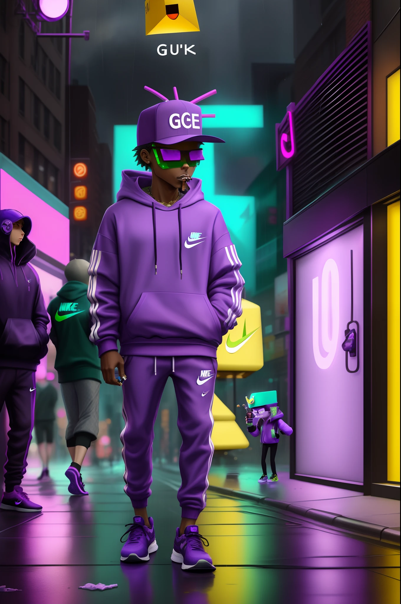 geometry dash block wearing gucci and nike while holding a purple sprite while smoking in the streets of new york city while it’s raining
