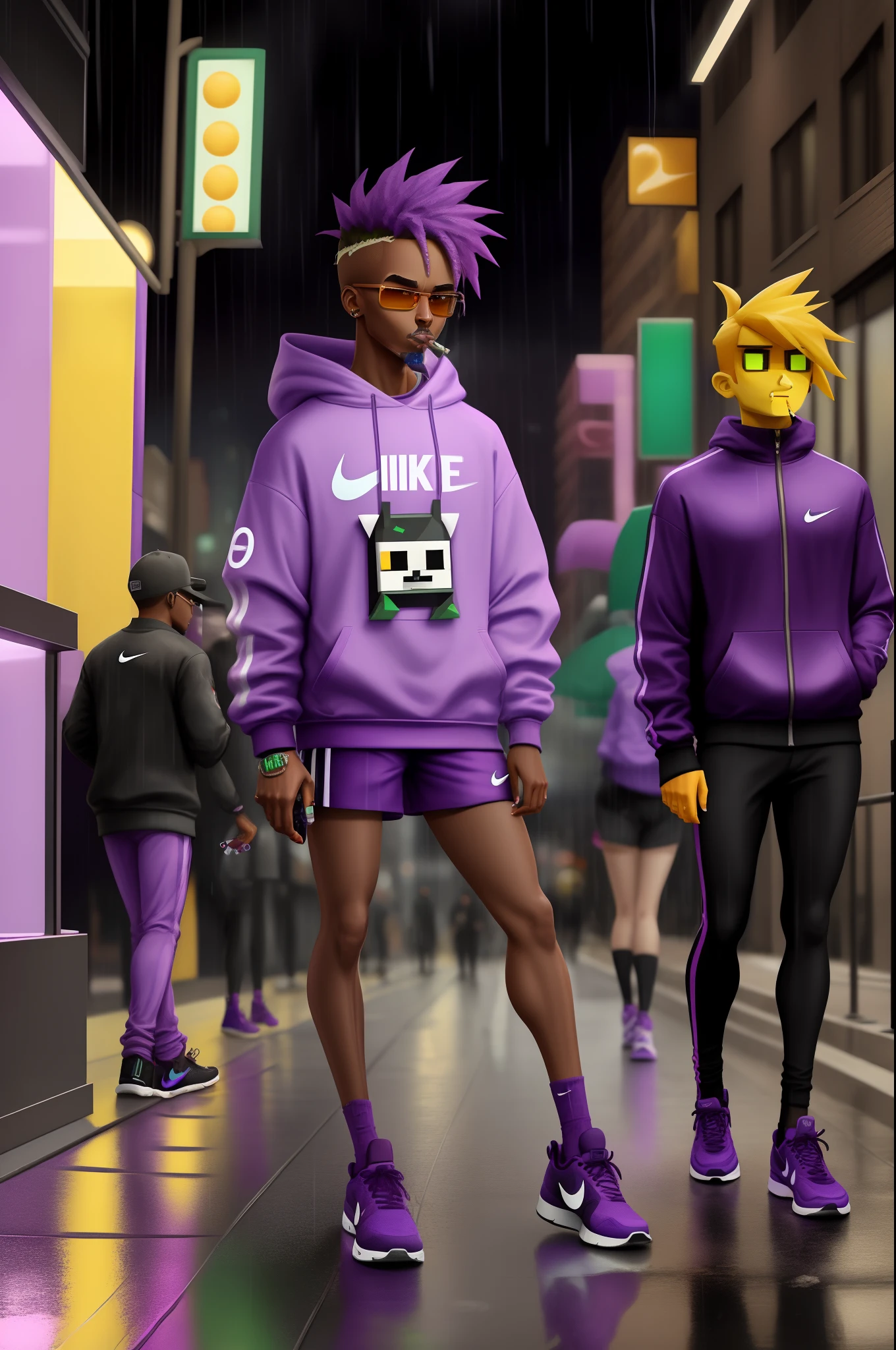 geometry dash block wearing gucci and nike while holding a purple sprite while smoking in the streets of new york city while it’s raining