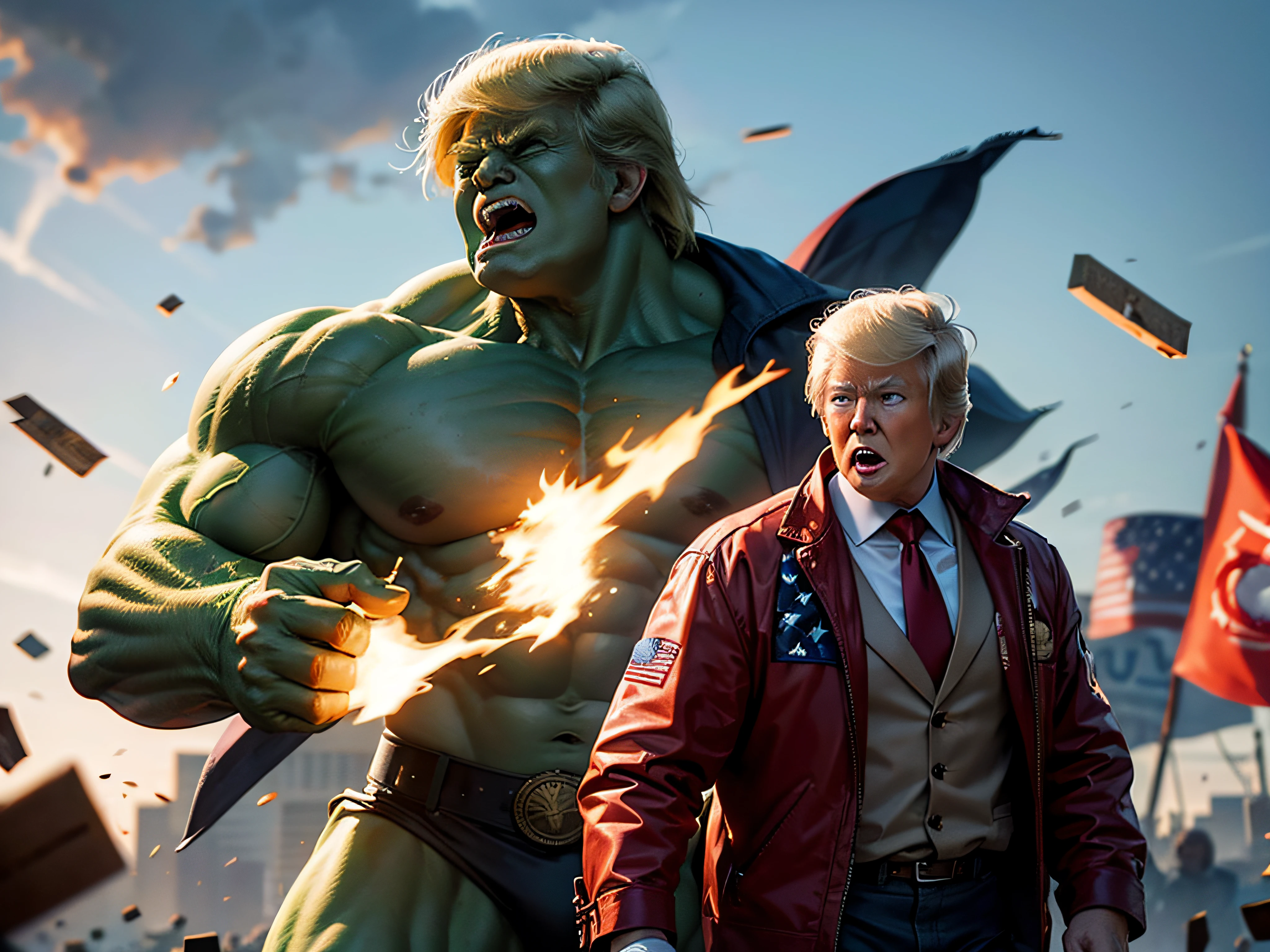 Donald Trump as Hulk smashing Congress, American Flag in background