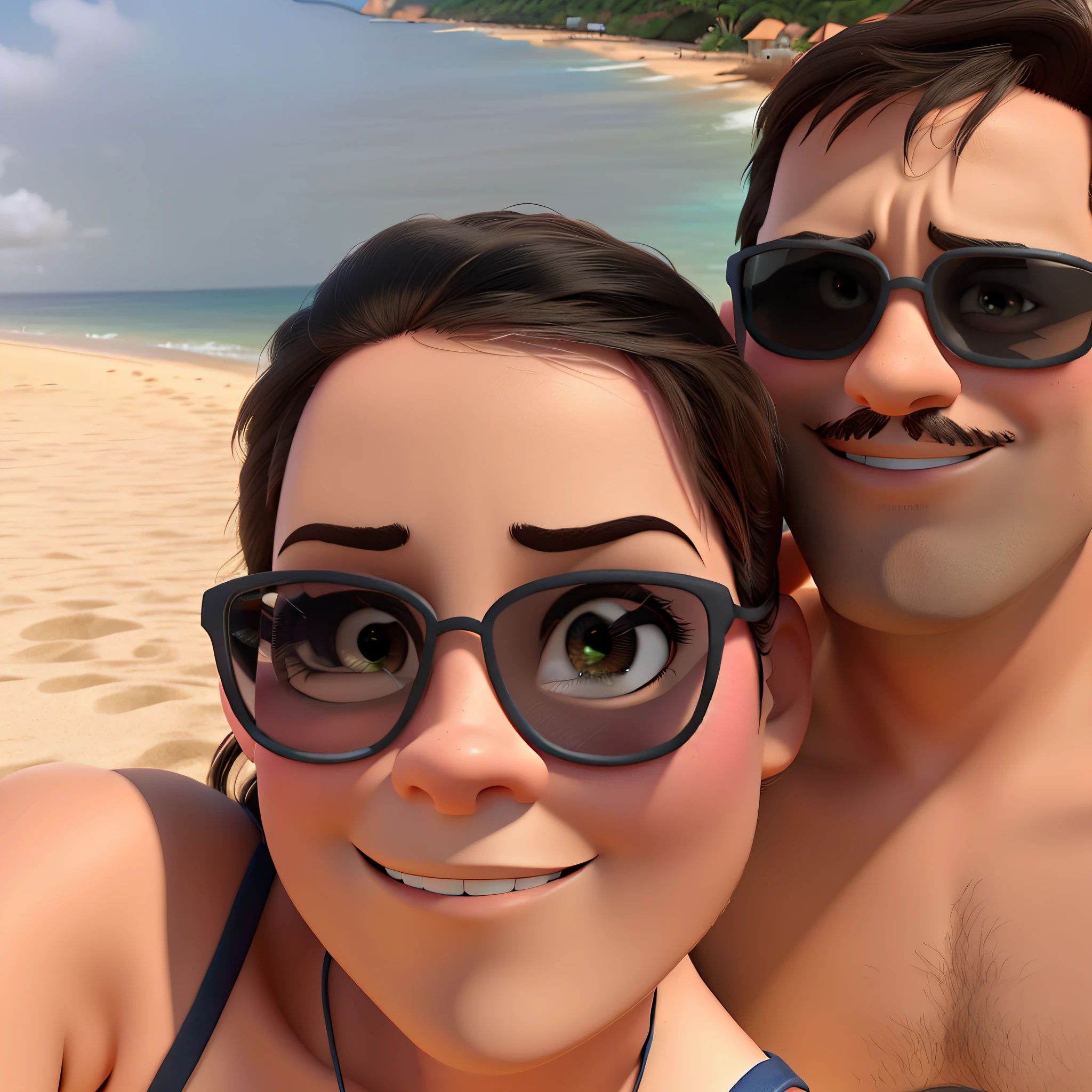 Desenho Disney Pixar melhor qualidade, Couple standing on the sand of Cancun beach with the sea behind clear blue waters and white sands, o homem 48 anos com barba rala branca e preta , sem camisa, without sunglasses, white skin with medium brown hair, queijo quadrado, mulher cabelo castanho escuro, Black Square Sunglasses, sorrindo, Neon Green Bikini with Pink Pink,