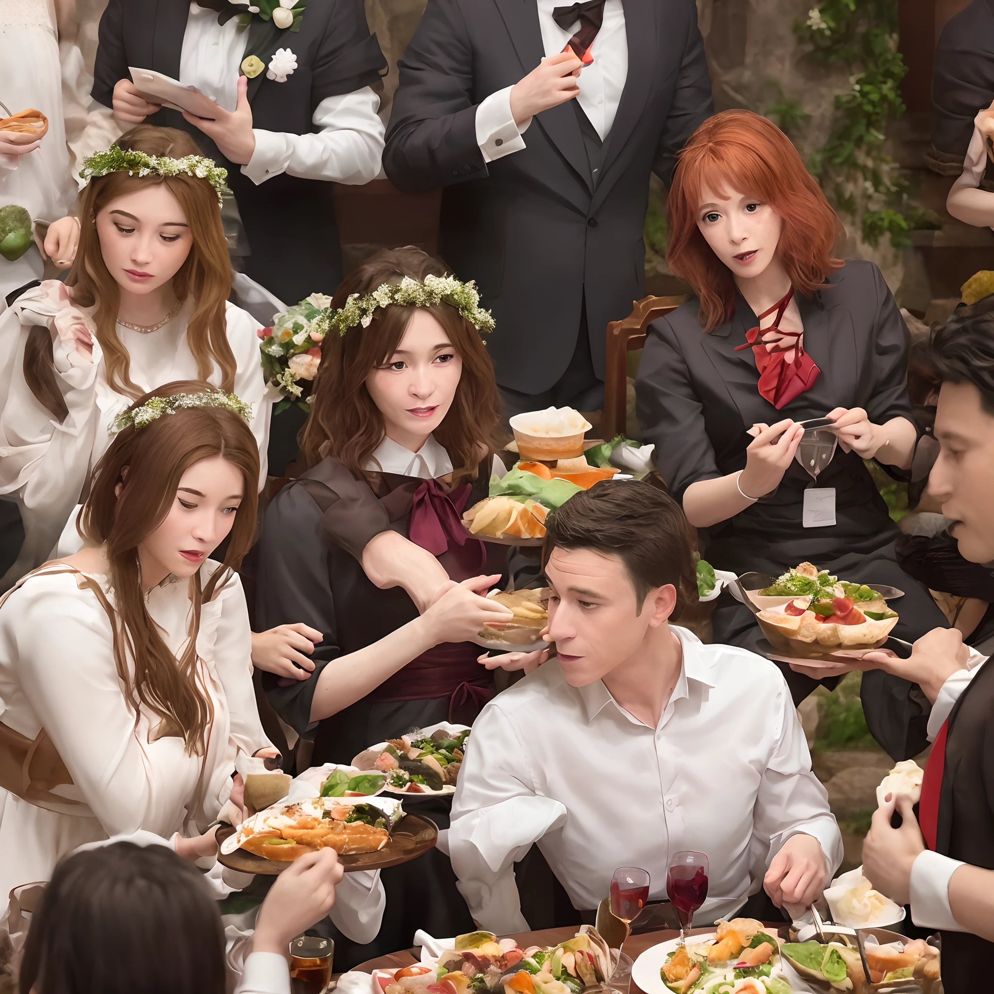 Cena do Banquete de Ester: Develop a visual representation of Esther's banquet, where she reveals Haman's plot to the king. Mostre os personagens principais, the tension in the environment and the facial expressions that reveal the emotions of the moment.