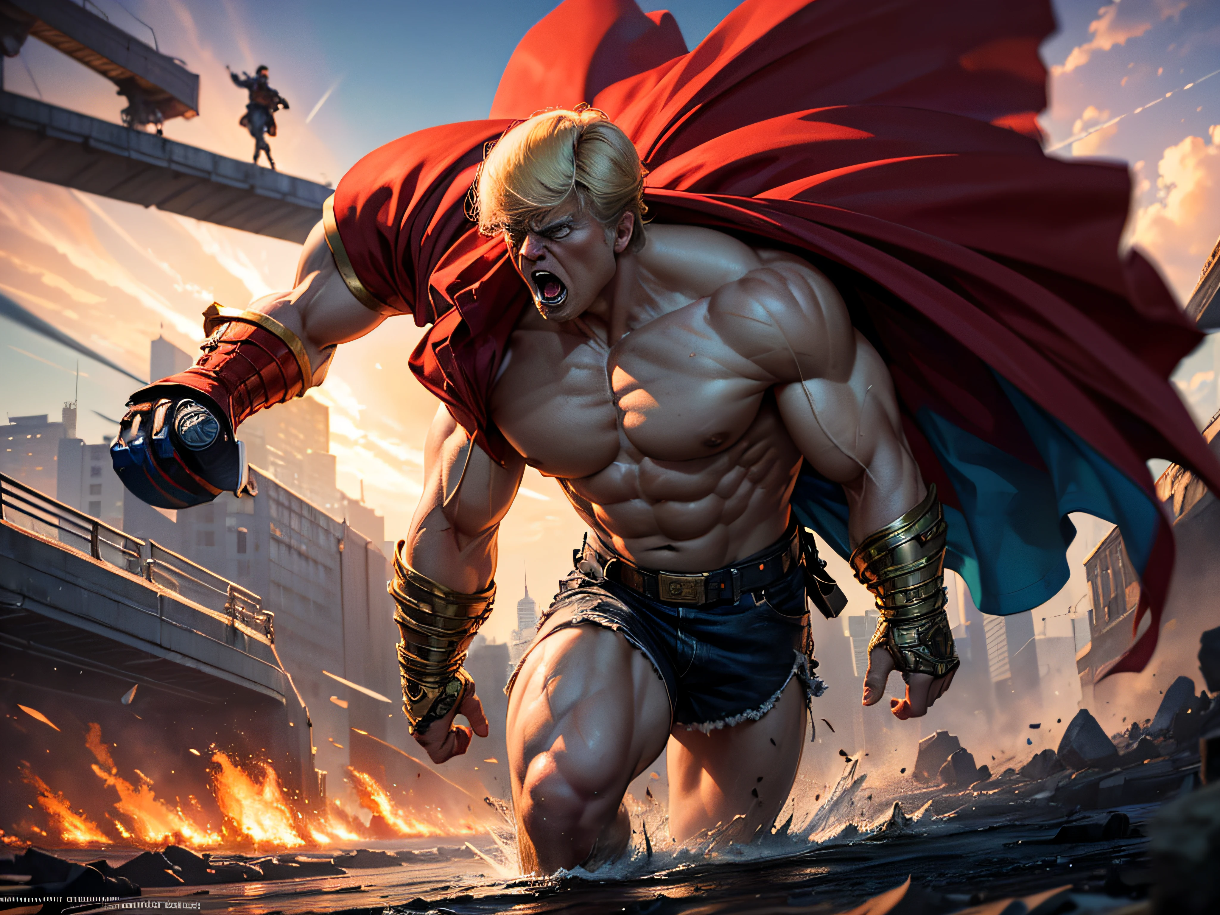 full body character, wonder woman realistic man version, delicate and , short hair, he is wearing his uniform, uniform open revealing his hard penis that is dripping with cum, hard penis, he is sweating, wet, in the background a destroyed city at night and on fire, in the background the city on fire at night, a lot of destruction behind him, dynamic attack pose, he is on top of the rubble