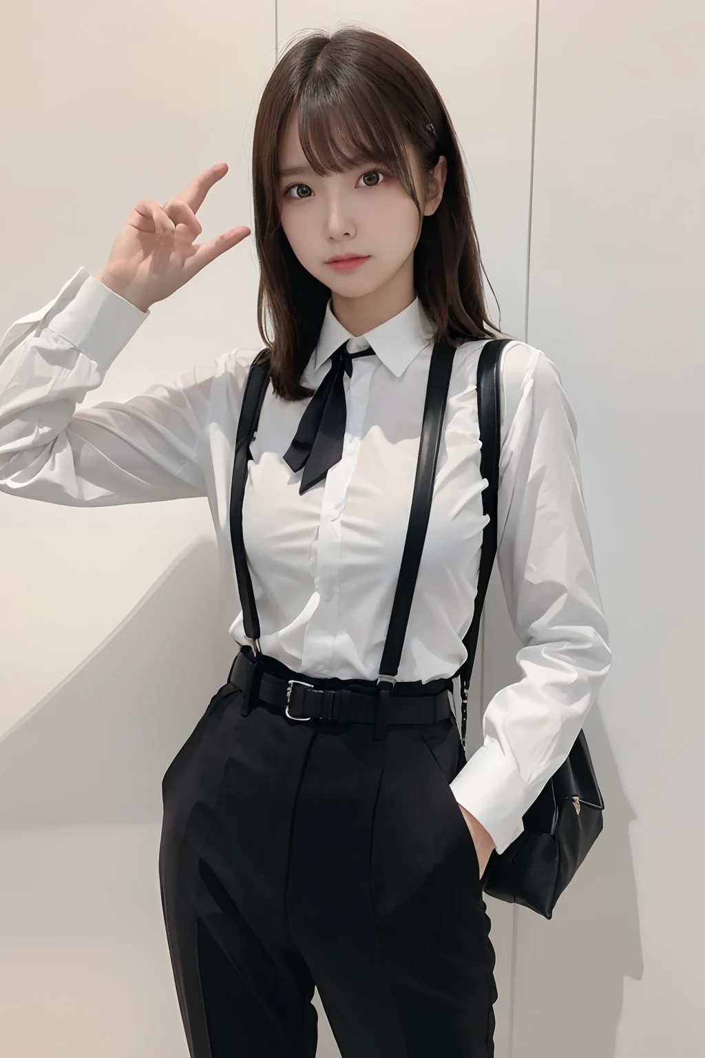 masterpiece、flat-colors、depth of fields、lens flare 1 girl、、Brown hair、watching at viewers a belt black suspenders Social OL ample bosom Armpit sweat perspiring Side of both hands walls: Black Suit Black pants, Black jacket