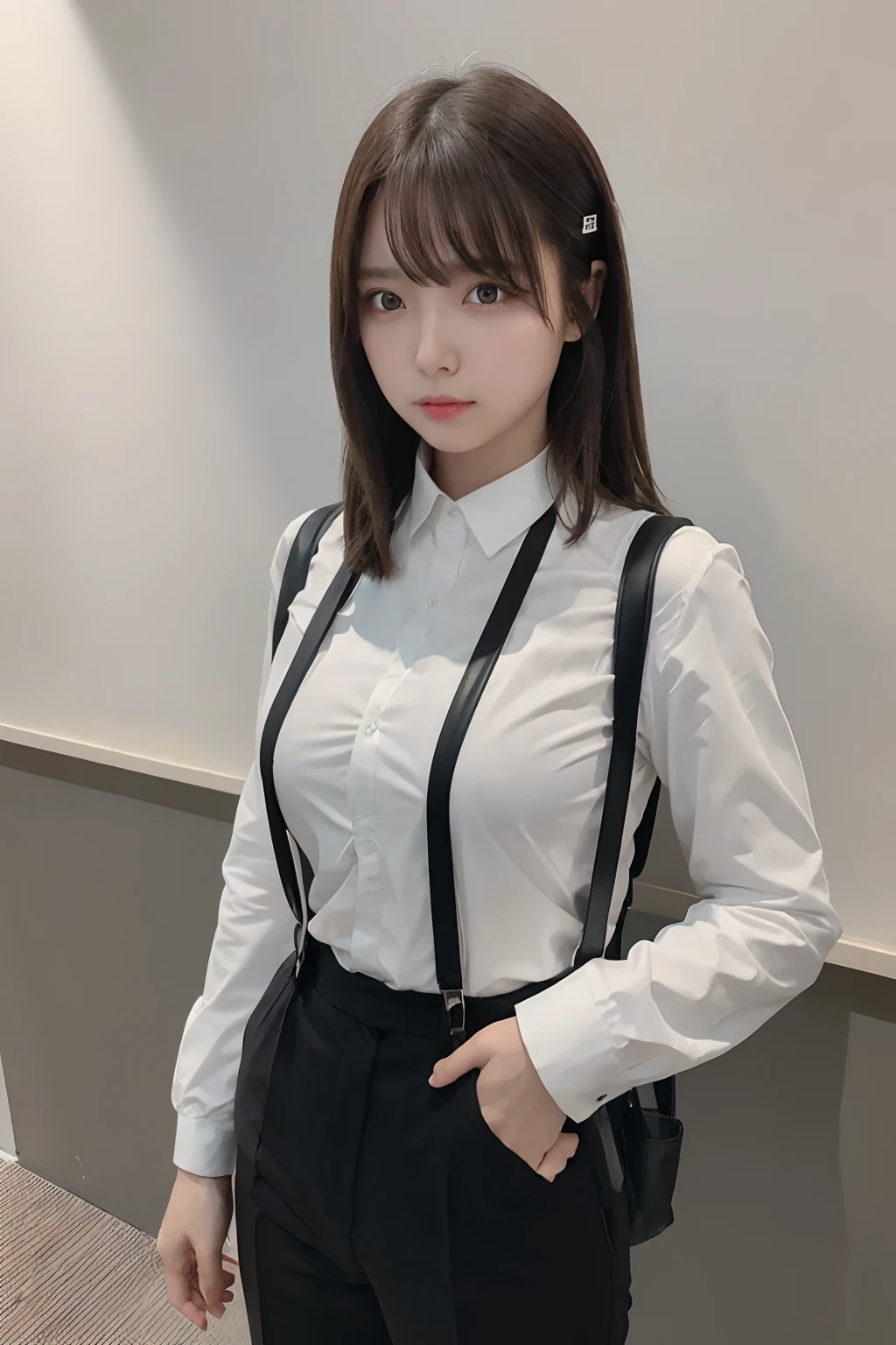 ​masterpiece、flat-colors、depth of fields、lens flare 1 girl、、Brown hair、watching at viewers　　　　a belt　black suspenders　Social OL　　　huge-breasted　　　 　 Armpit sweat　perspiring　Side of both hands　　walls: Black Suit　Black pants, Black jacket holster　arm　Leg holster　pistols　Gaze　　No tie　tiarra　Forehead Center