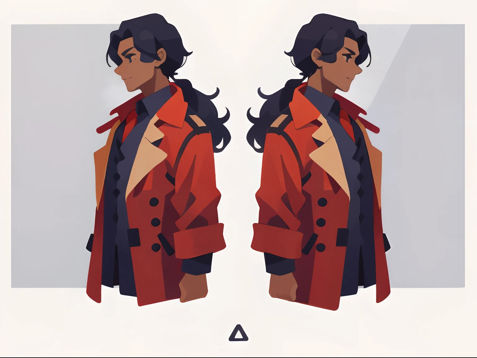 [ character design ], 1 satyr boy, red button up trench coat, black hair,curly hair,short pony tail, cinnamon skin tone, white wolf fur cloth around neck , ocean them, detailed outfit, [ character design ]. detailed character design, stylized character design, detailed half body concept, character design art, great character design, concept art, character sheet, modern theme cute style, mage. red border,suit and tie, upper body, cool pose, short hair, cool taper haircut, red striped gradient backround.