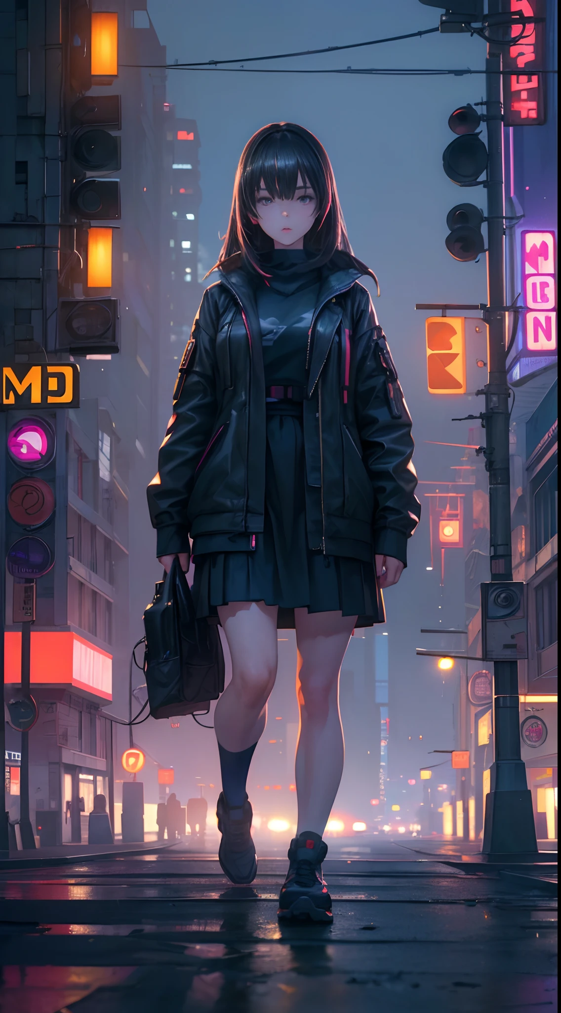 (best quality,4k,8k,highres,masterpiece:1.2),ultra-detailed,(realistic,photorealistic,photo-realistic:1.37),cyberpunk city,dark-haired girl,high school uniform,solitary walk,street lights,neon lights,mist,nighttime,light pollution,cityscape