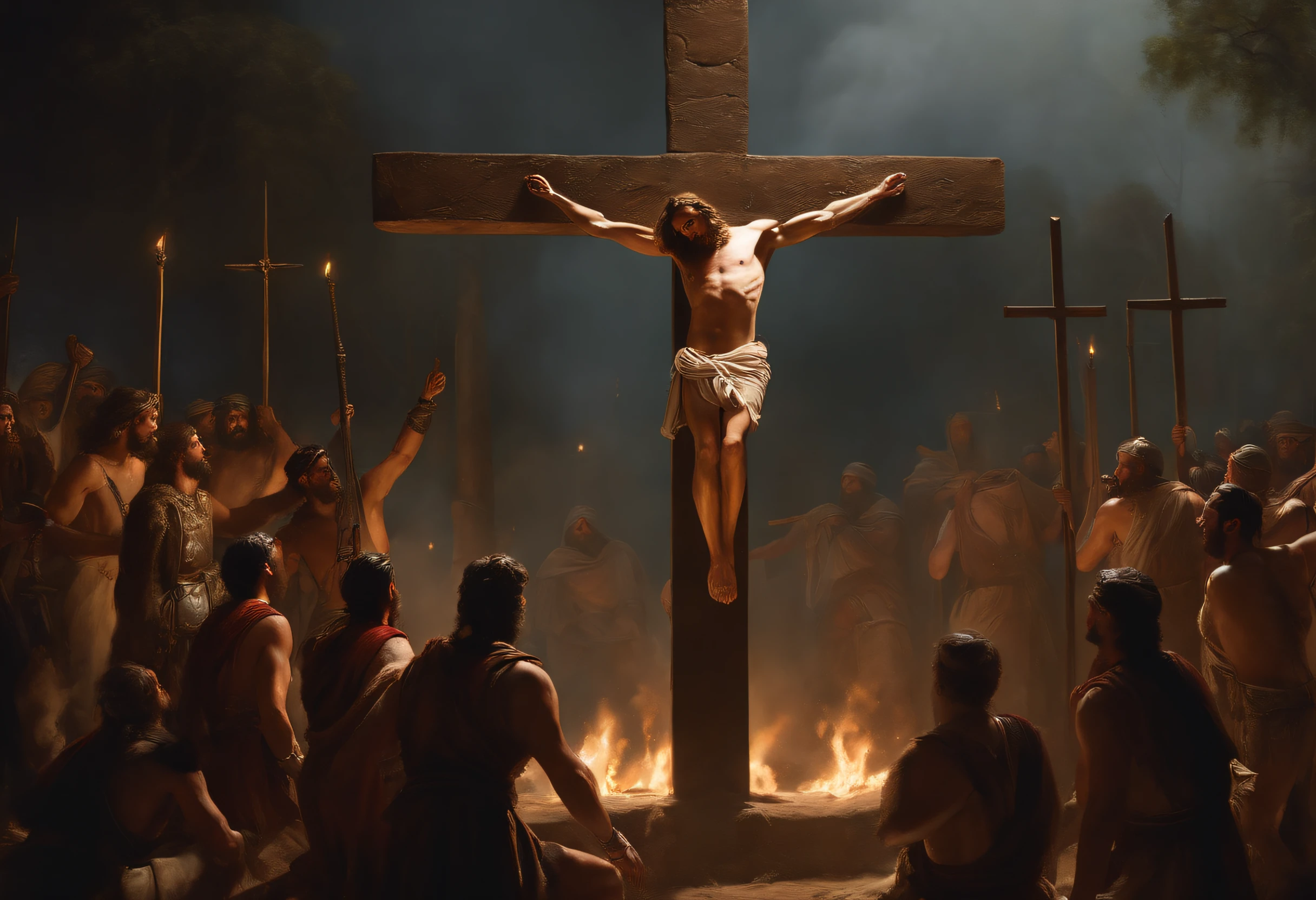 Please create an image of a man hanging on a cross, other than Jesus, an expression of suffering, with Roman soldiers around him, and people looking around, a scene seen from a middle distance, with details that refer to the historical environment. Ultrarealistic, oil painting, 8k.