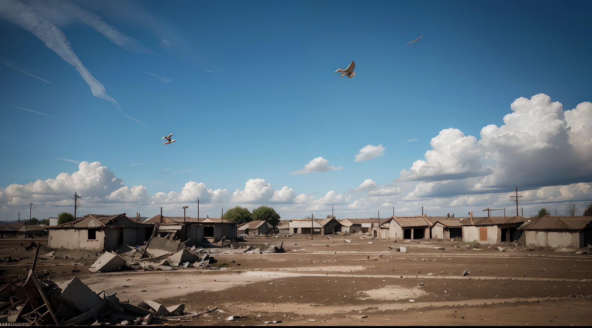 A Ground Devastated During a War (1945), Clear sky with white doves flying, 4k , realista, animado
