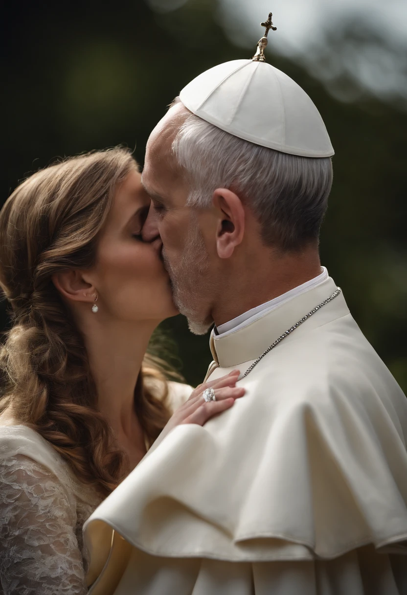 Create a very realistic image of Pope Francis kissing a girl on the mouth.