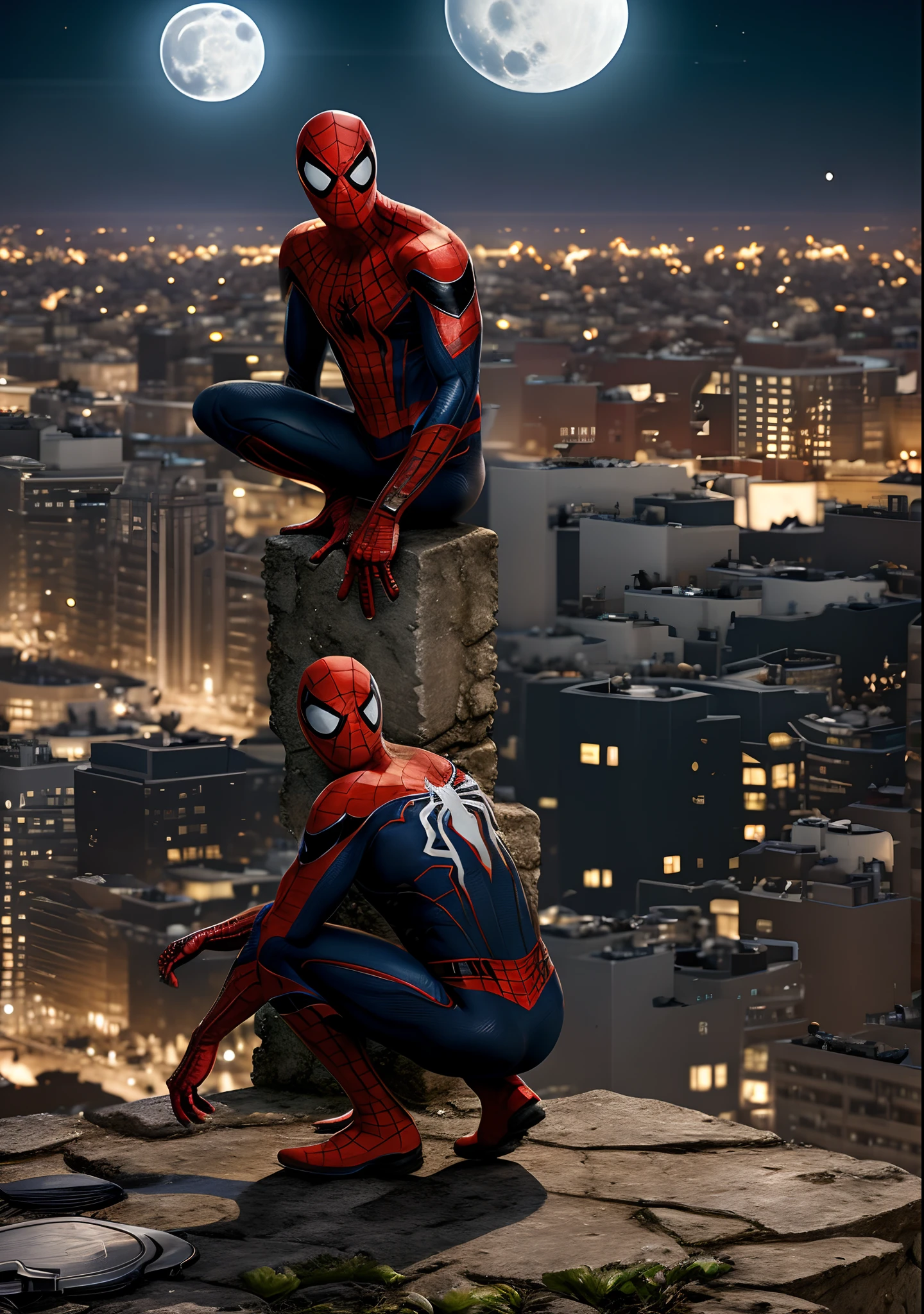 Hyper realistic symbiote spiderman crouching on a tower looking over the city at night with a full moon in the back ground