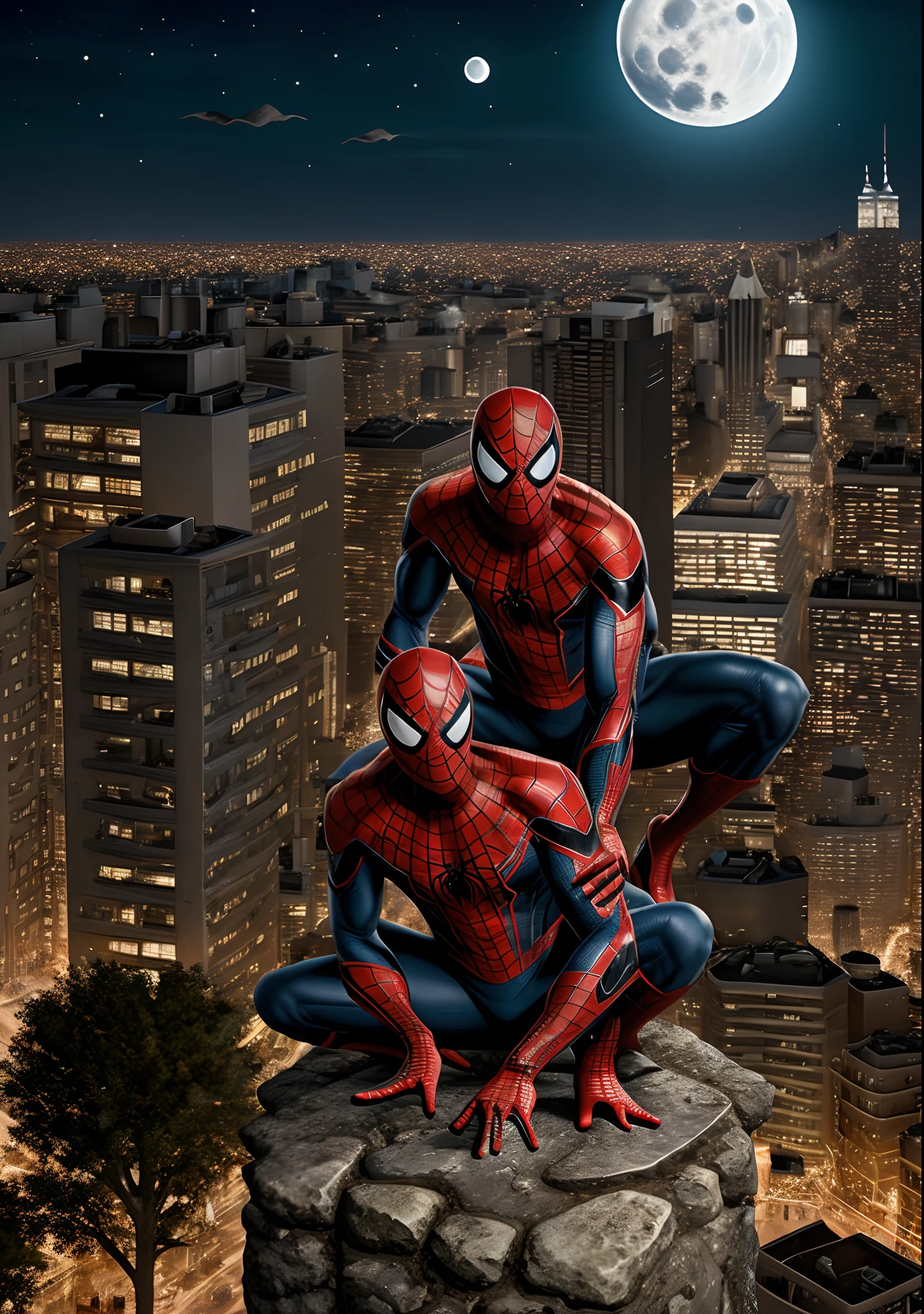 Hyper realistic symbiote spiderman crouching on a tower looking over the city at night with a full moon in the back ground