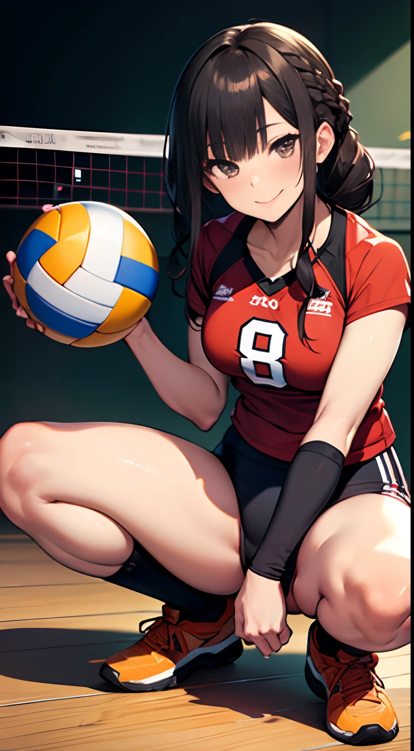 UHD, anatomically correct, 8k, (((masterpiece))), (((best quality))), (((ultra detailed))), (((high-resolution))), ((super fine illustration)), ((Ultimate cutie)), detailed beautiful face, 1girl ball black_footwear black_hair black_socks blush braid brown_background brown_eyes closed_mouth collarbone crotch elbow_pads gradient_background kneepad long_hair looking_at_viewer orange_background red_shirt red_buruma sleeveless_shirt buruma sitting_on_ball smile socks solo sportswear spread_legs squatting thighs twin_braids volleyball_(object) volleyball_uniform wooden_floor