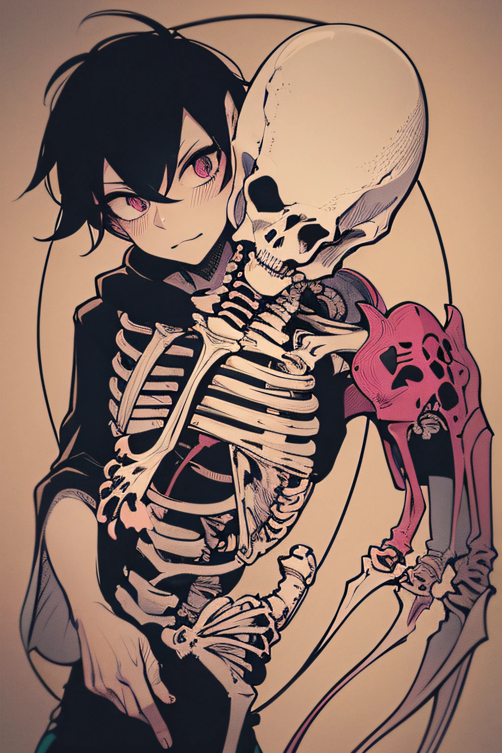 In ink and colored style, a stylized art of bones and skeletone in cables , in lot of colored pigment powder