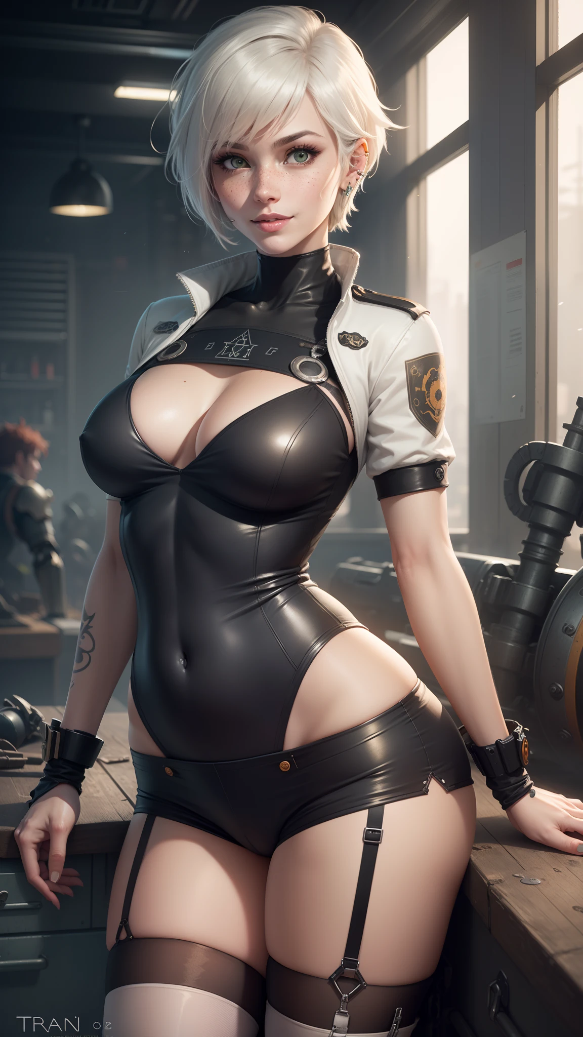 gwen tennyson,tracer,yorha 2b,y'shtola rhul,rebecca chambers,overwatch,nier automata,mech pilot,mech workshop, tattoos,orange and silver plugsuit,white short sleeve pilot top,orange lycra micro shorts,garter belt,uncovered belly, short hair,cute makeup,green eyes,dimensional golden hair,shy smile,freckles,beautiful girl,large breasts,8k,ultra detailed,realistic,fantasy art,steampunk armor,victorian mechanic uniform,ear piercings,saiyan girl,saiyan female,white short sleeve mech jacket, wet shirt,steampunk goggles,