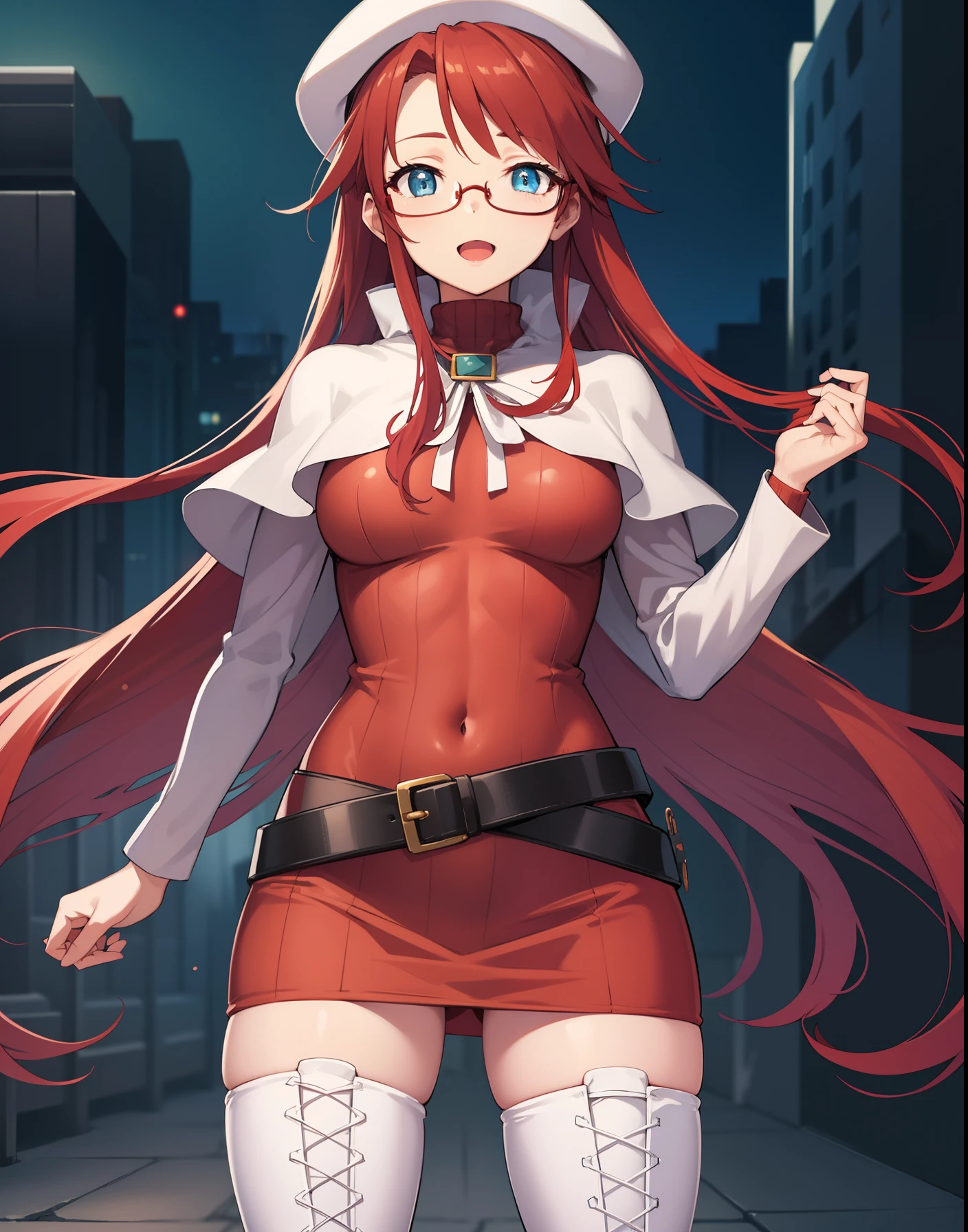 summonnightaty, aty, long hair, blue eyes, red hair, beret, hat, glasses,
BREAK long hair, thighhighs, hat, dress, boots, glasses, belt, cape, sweater, zettai ryouiki, beret, thigh boots, white footwear, ribbed sweater, loose belt,,
BREAK outdoors, fantasy_city,
BREAK (masterpiece:1.2), best quality, high resolution, unity 8k wallpaper, (illustration:0.8), (beautiful detailed eyes:1.6), extremely detailed face, perfect lighting, extremely detailed CG, (perfect hands, perfect anatomy),covered_nipples,covered_navel,light_smile,dynamic_posing,half_eyes,spread_legs,open_mouth,