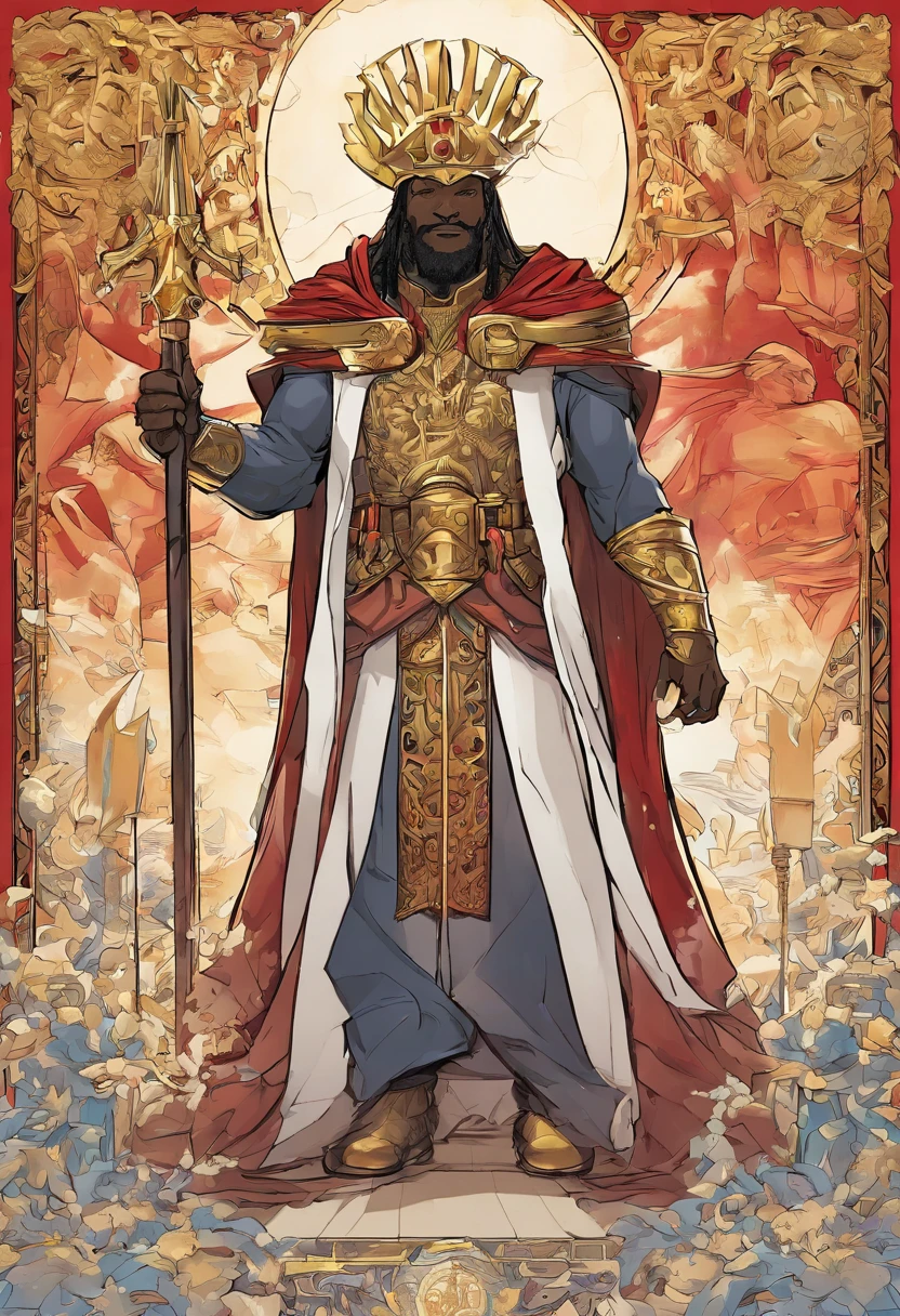 The Emperor of Humanity from the Warhammer universe at the moment of his triumph. Eurasian features, dark skin with bronze umber tint, dark eyes, long black hair falling down, on his head a simple crown of gold stylized as a vinok of leaves. A red cloak is thrown over his shoulder, and he stands full-length in front of his imperial throne, raising his hand in a gesture of victory.