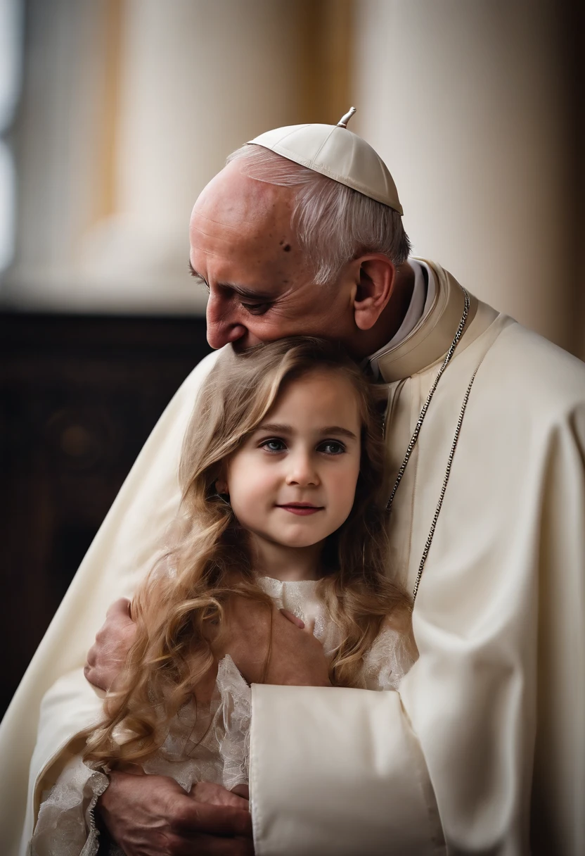 Create a very realistic image of Pope Francis kissing a girl on the mouth.