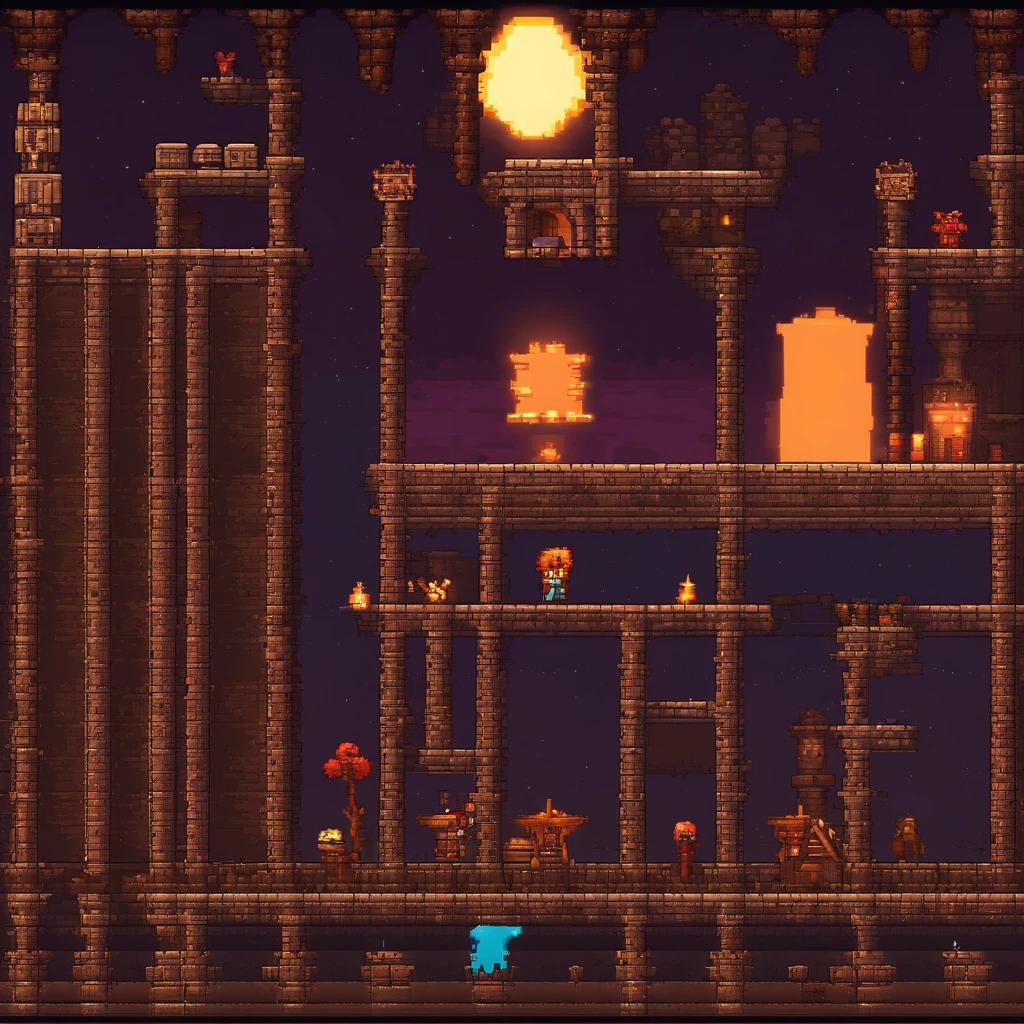 2D pixelated side-scrolling game with platformer tiles and ancient ruins, Multi-tile sprite table,dark light, darkest dungeon and ancient ruins style themed, pixel art style