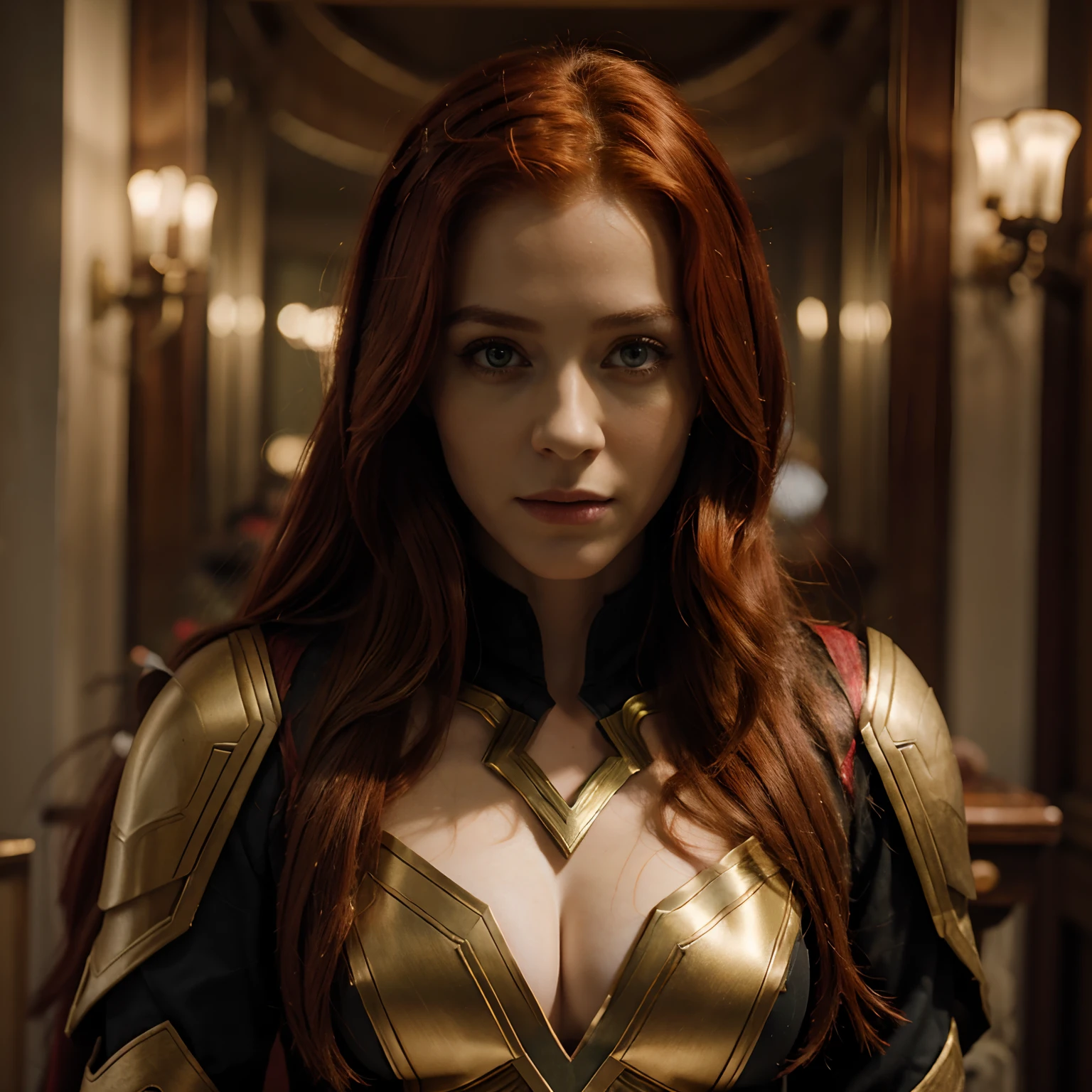 Best Quality, Masterpiece, (Realistic: 1.2), Photo-realistic, Red Haired Women, with loki costume,