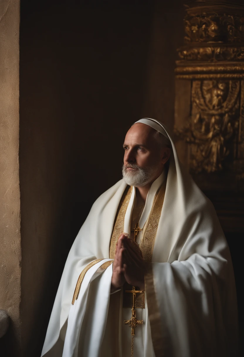 Man in priest's robes standing with his hands folded, vestes religiosas, usando cruz no manto, Solis Sacerdotibus |, vestes branco-douradas, vestes douradas e brancas, vestindo vestes douradas, dressed like a cleric, Kacper Niepokolczycki, paramentos tartan, Bathrobes