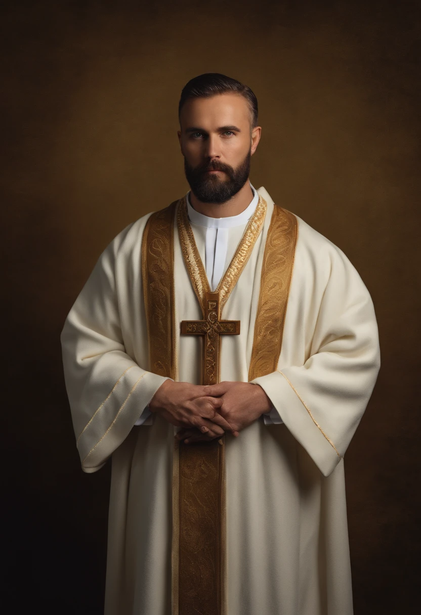 Man in priest's robes standing with his hands folded, vestes religiosas, usando cruz no manto, Solis Sacerdotibus |, vestes branco-douradas, vestes douradas e brancas, vestindo vestes douradas, dressed like a cleric, Kacper Niepokolczycki, paramentos tartan, Bathrobes