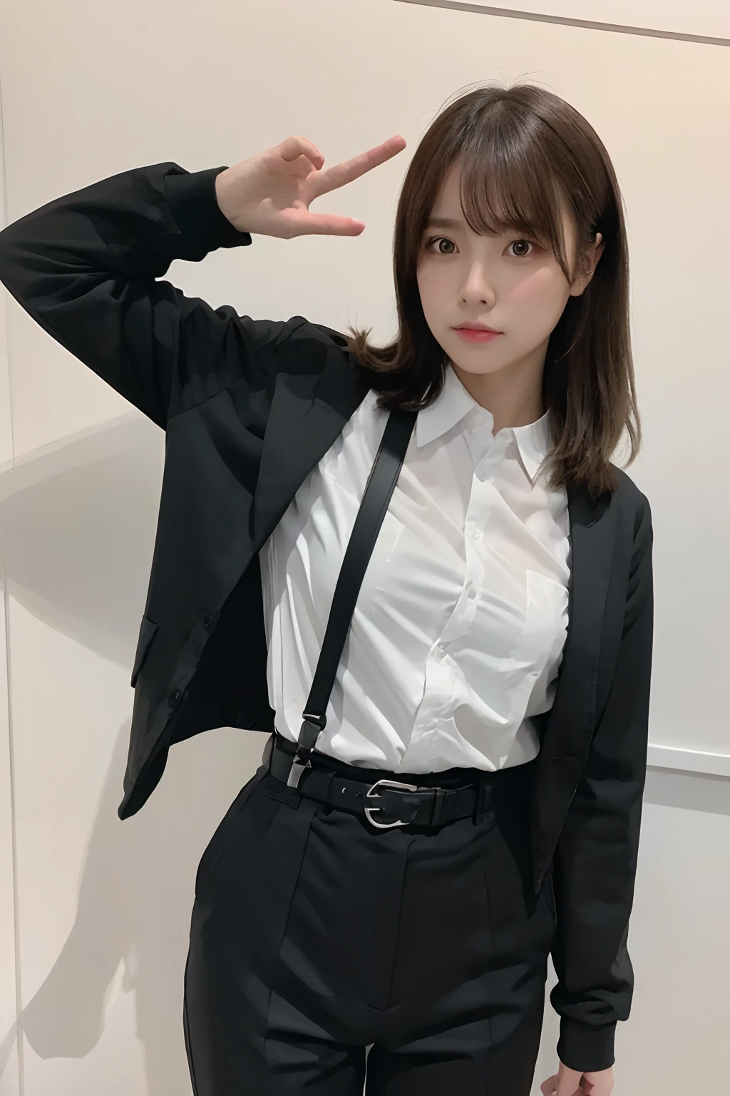 ​masterpiece、flat-colors、depth of fields、lens flare 1 girl、、Brown hair、watching at viewers　　　　a belt　black suspenders　　　large full breasts　　　 　 Armpit sweat　perspiring　Side of both hands　　walls: 　Black pants, Black jacket holster　arm　Leg holster　　　arma　Gaze　　　Small face
