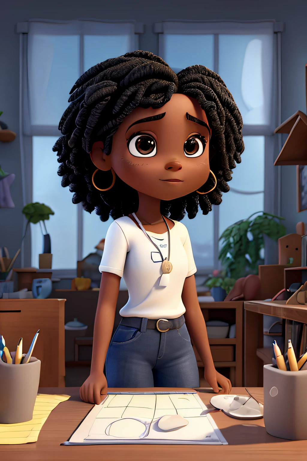 Crie uma cena de desenho animado estilo 3d -Pixar, onde uma menina negra de cabelo crespo e olhos castanhos e nariz arrebitado segura materiais de artes em frente uma mesa cheias de desenhos dentro de um atelie de artes