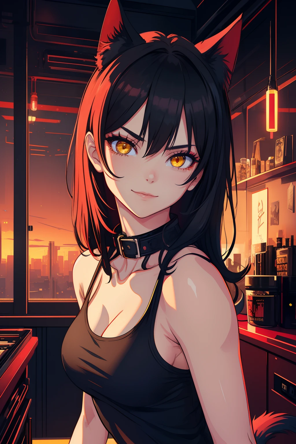 (((Portrait))), (NSFW, slim body), (best quality, 4k, 8k, high-res, ultra-detailed, anime style, paste, warm), catgirl, black hair, yellow glowing eyes, looking at viewer, smug, slightly smiling, goth makeup, collar, synthwave interior,l, vaporwave interior, red lightning, red interior aesthetic, red light, dark red lights, black tank top, black leggings