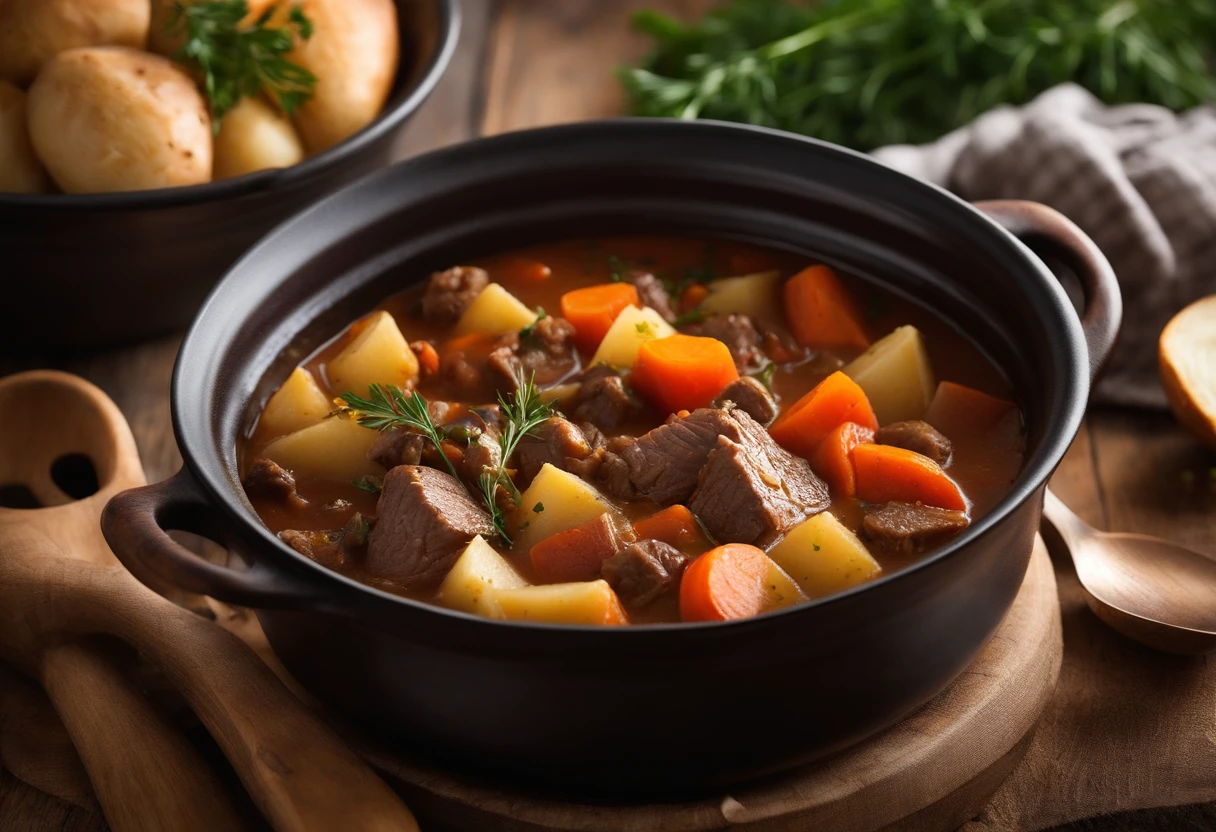 A food photography of Beef Stew A comforting, savory stew with tender chunks of beef, carrots, and potatoes. Create a rustic and cozy composition with a wooden table and a warm blanket in the background, with the beef stew placed in the foreground. Arrange the beef, carrots, and potatoes in an appetizing way that highlights their texture and color, while also adding some fresh herbs for a pop of green. Capture the stew from a slightly overhead angle, showcasing the layers of ingredients and creating a sense of depth. Use soft, diffused lighting to create a warm and inviting atmosphere that highlights the rich colors of the stew. Keep the beef and vegetables in sharp focus, while blurring the background slightly to create a sense of depth and intimacy. Adjust the colors to emphasize the warm, comforting tones of the stew, with rich browns and oranges. Use a medium contrast to create depth and definition between the different elements in the image. Keep the saturation moderate to showcase the natural colors of the ingredients, while still adding a bit of vibrancy. Ensure that the beef is the sharpest element in the image, drawing the viewer's attention to the main ingredient. Emphasize the hearty, comforting texture of the stew through the use of warm lighting and the natural textures of the vegetables and herbs --no cutlery--chaos 2 --stylize 1000 --v 5
