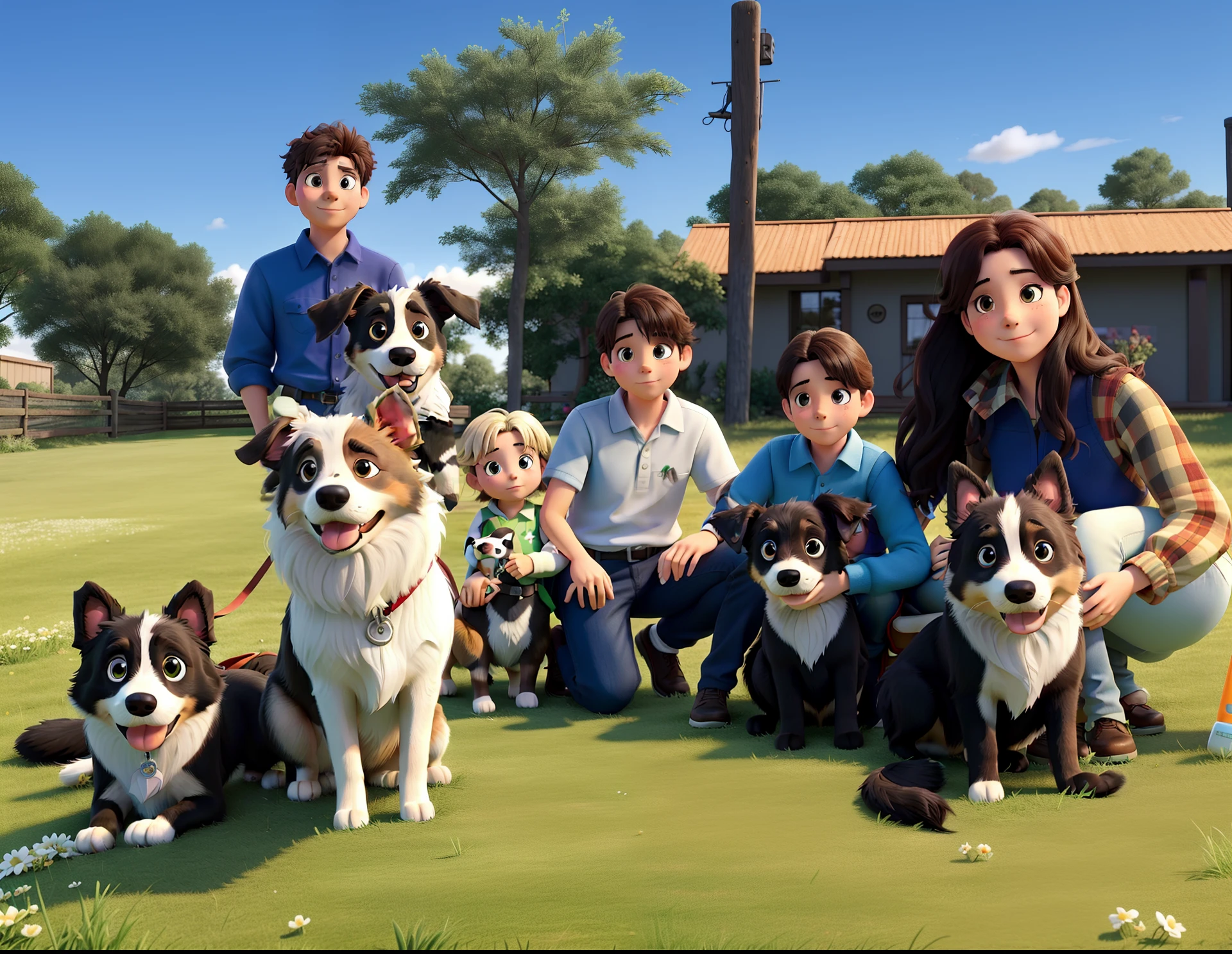 A family with 1 couple and 2 children holding four border collie dogs in a grassy area