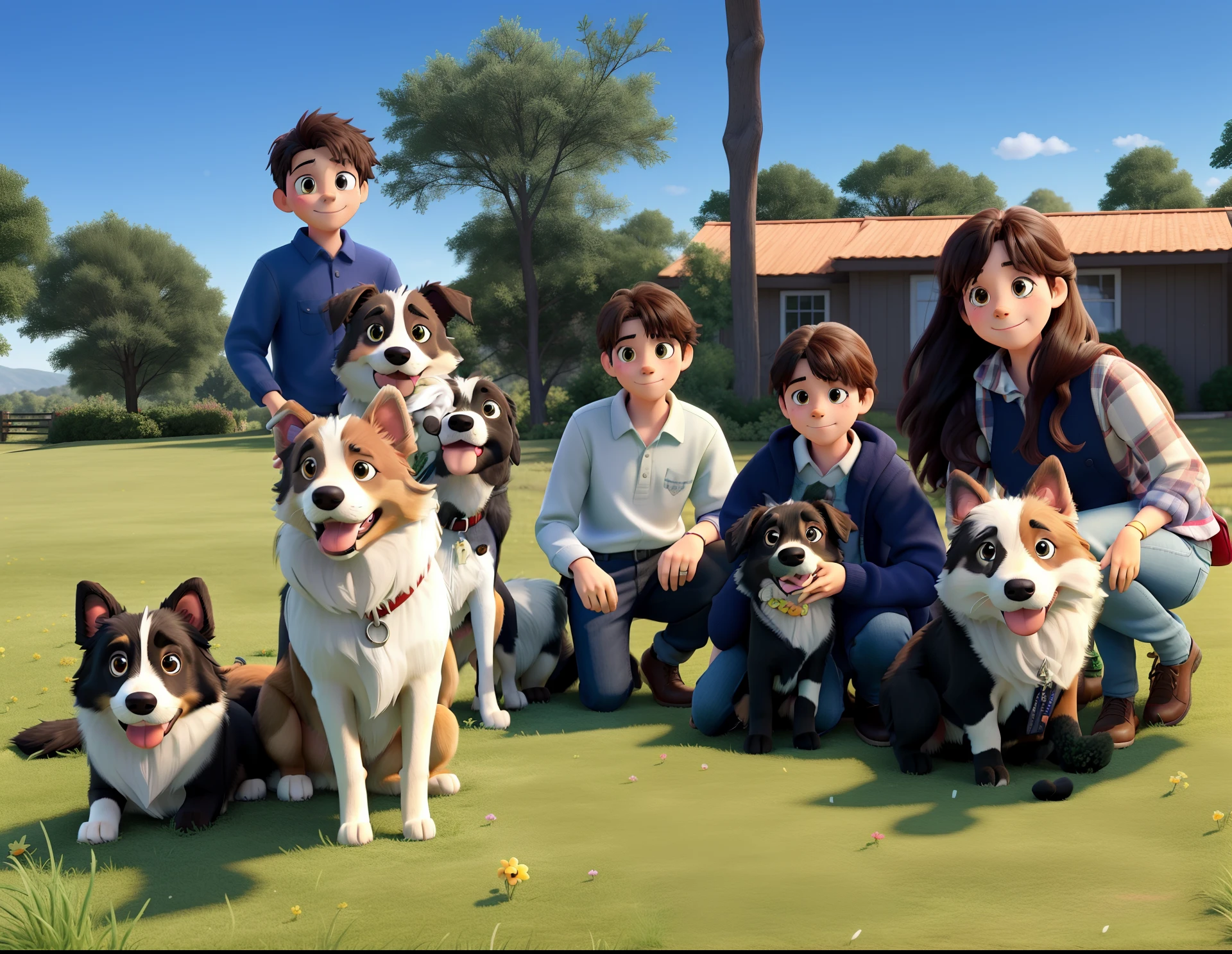 A family with 1 couple and 2 children holding four border collie dogs in a grassy area