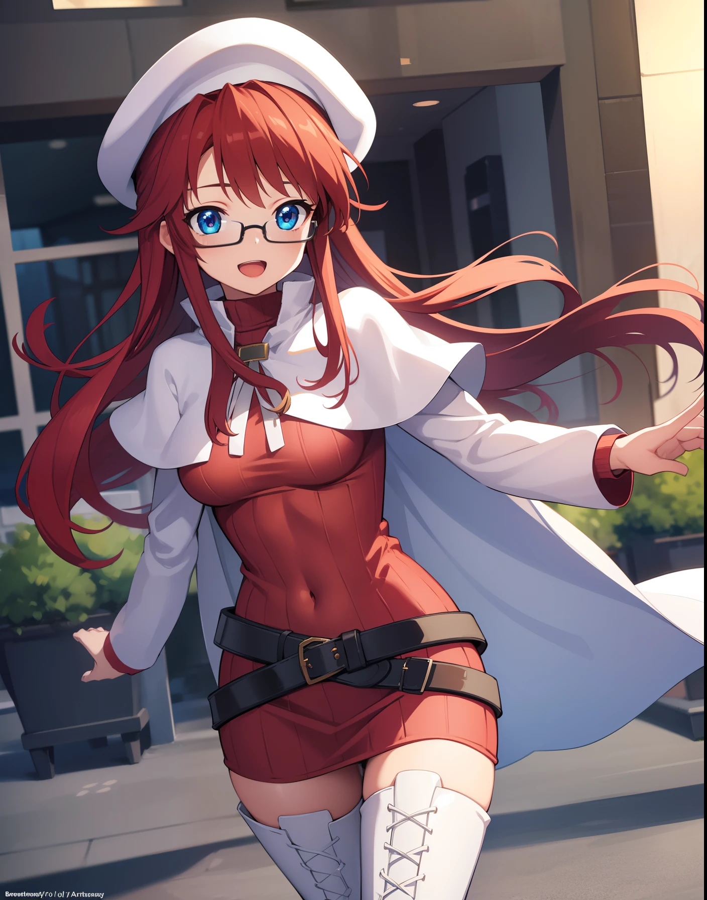 summonnightaty, aty, long hair, blue eyes, red hair, beret, hat, glasses,
BREAK long hair, thighhighs, hat, dress, boots, glasses, belt, cape, sweater, zettai ryouiki, beret, thigh boots, white footwear, ribbed sweater, loose belt,,
BREAK outdoors, fantasy_city,
BREAK (masterpiece:1.2), best quality, high resolution, unity 8k wallpaper, (illustration:0.8), (beautiful detailed eyes:1.6), extremely detailed face, perfect lighting, extremely detailed CG, (perfect hands, perfect anatomy),covered_nipples,covered_navel,light_smile,dynamic_posing,half_eyes,spread_legs,open_mouth,