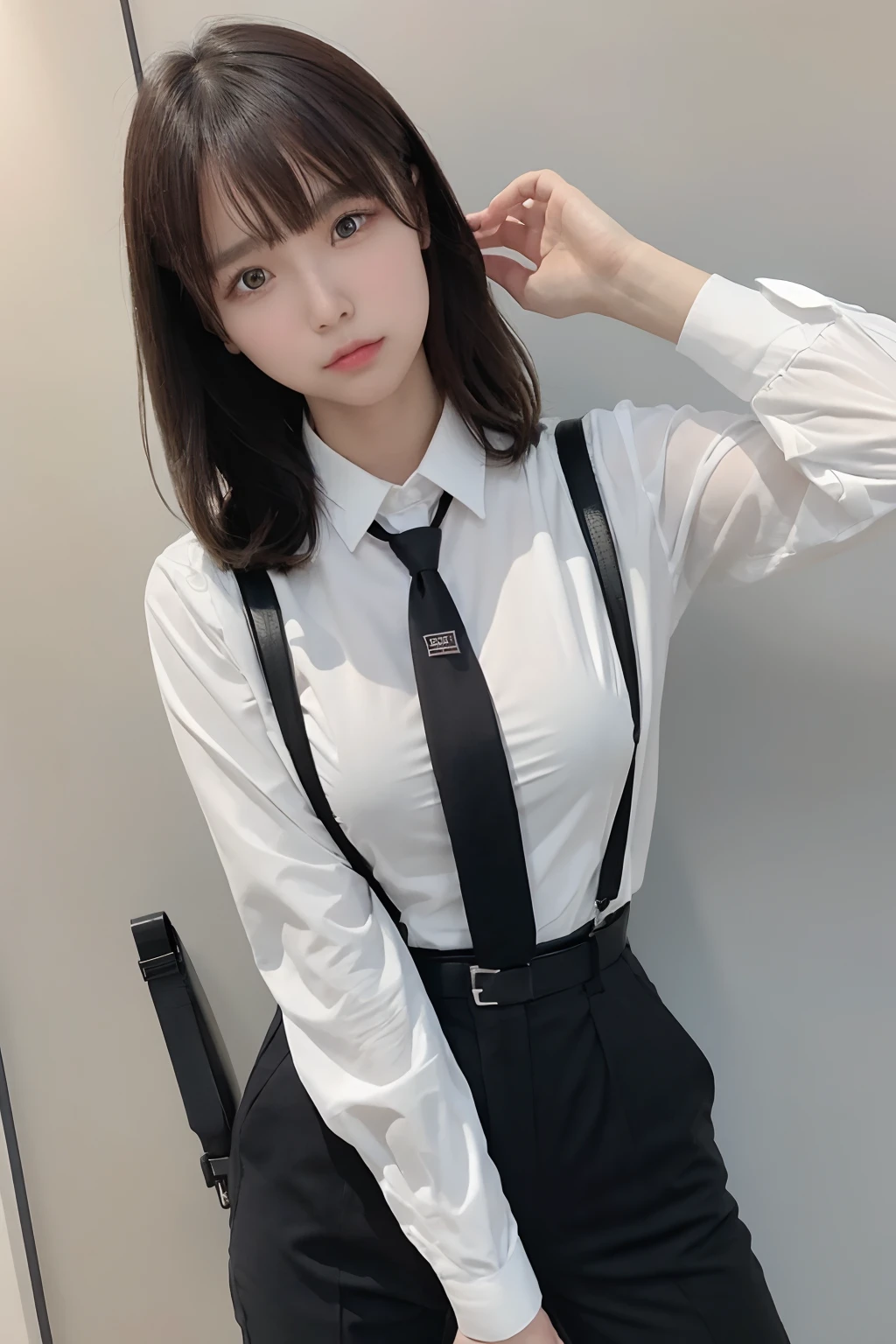 masterpiece、flat-colors、depth of fields、lens flare 1 girl、、Brown hair、watching at viewers a belt black suspenders Social OL huge-breasted Armpit sweat perspiring Side of both hands walls: Black Suit Black pants, Black jacket holster arm Leg holster arm Knife Carrying arma Gaze No tie tiarra No bangs Small face
