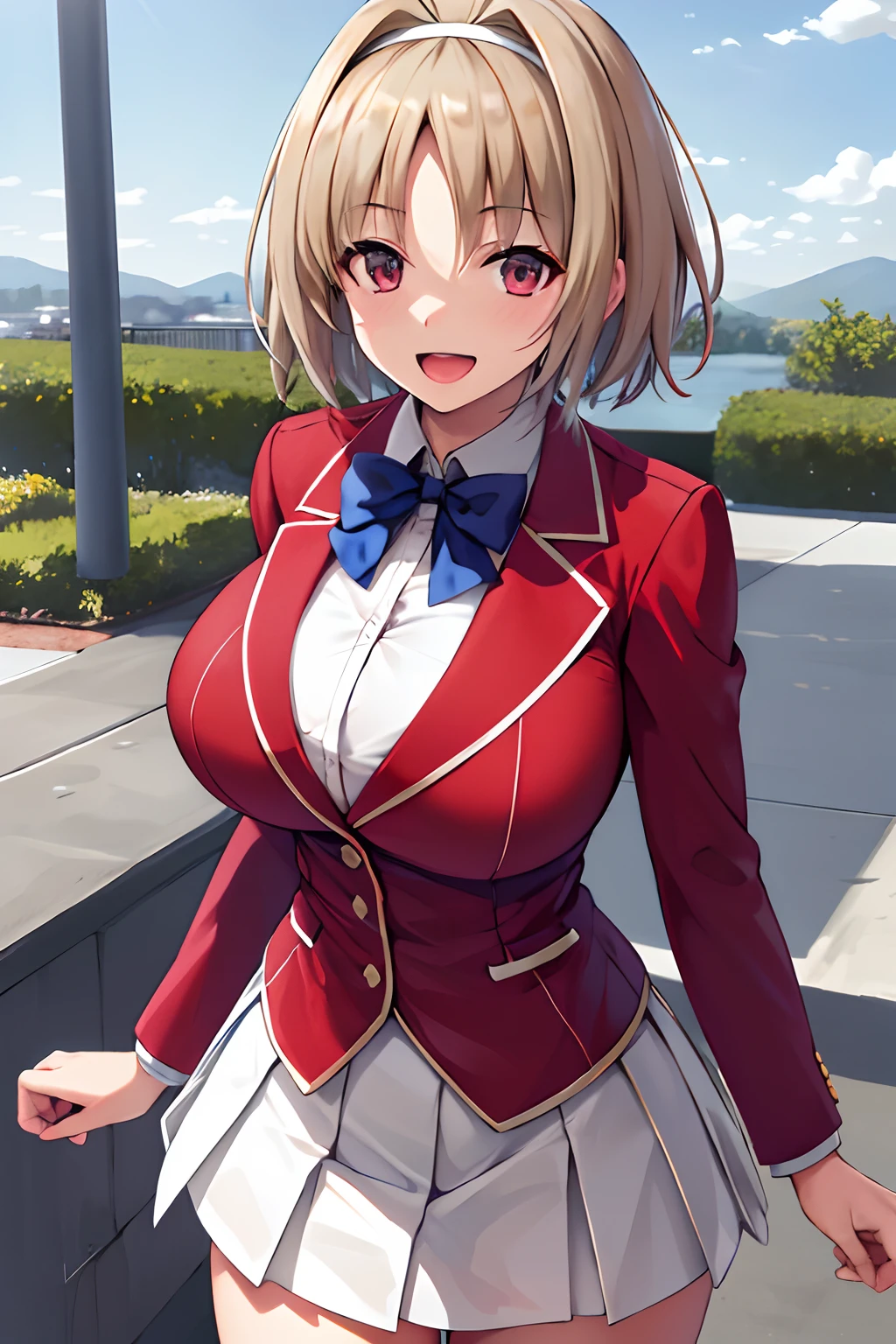 Big tits, masterpiece, best quality, highres, aakikyo, short hair, hair intakes, white hairband, blue bowtie, collared shirt, blazer, red jacket, long sleeves, white skirt, pleated skirt, black socks, cowboy shot, standing, outdoors, straight-on, arms at sides, smile, open mouth,