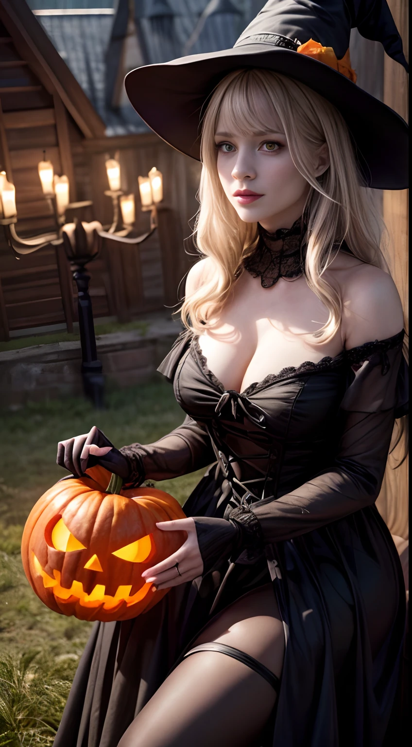 (Best quality,4K,8K,A high resolution,Masterpiece:1.2),Ultra-detailed,(Realistic,Photorealistic,photo-realistic:1.37),Fantastic Halloween,Beautiful detailed eyes,beautiful detailed lips,Girl in the garden,Witch hat,golden rays of sunlight,Whimsical atmosphere,pumpkin patch,Spooky forest,full moon,Shadows and reflections,Cosmic stars and galaxies,Falling leaves,Playful ghosts,Candy corn color,Unforgettable beautiful costumes,Magic Lantern,Smoke and mist,Creepy Crawlers,Witch potion,a haunted house,spiderwebs,Witch broom,Terrible pumpkins,black cats,A hilarious trick-or-treating scene,Sparkling fireworks,Moonlit Night,Dark and mysterious atmosphere,Creepy voices and whispers,The laughter of children in the distance,Dancing skeletons and jack-o'-lanterns,Fascinating spells and enchantments,Engaging storytelling,Spooky joy and celebration,An otherworldly experience,anatomy correct,exquisite facial features