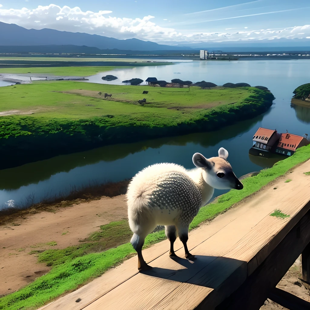 Cria uma casa antiga coberta com palha e com montanhas e lagoa ao fundo